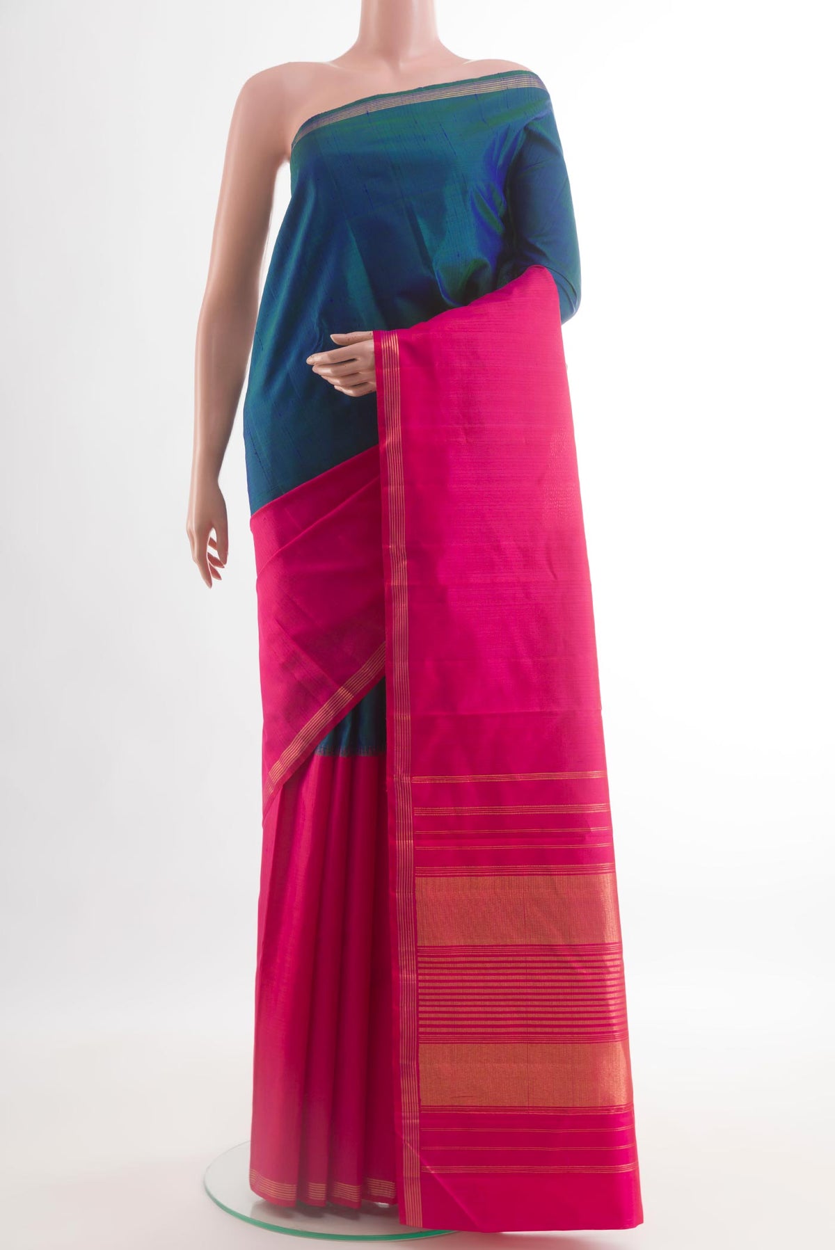 Multi Color Kanjivaram Silk Saree with Half And Half on the body and Zari Border.  displayed on a mannequin