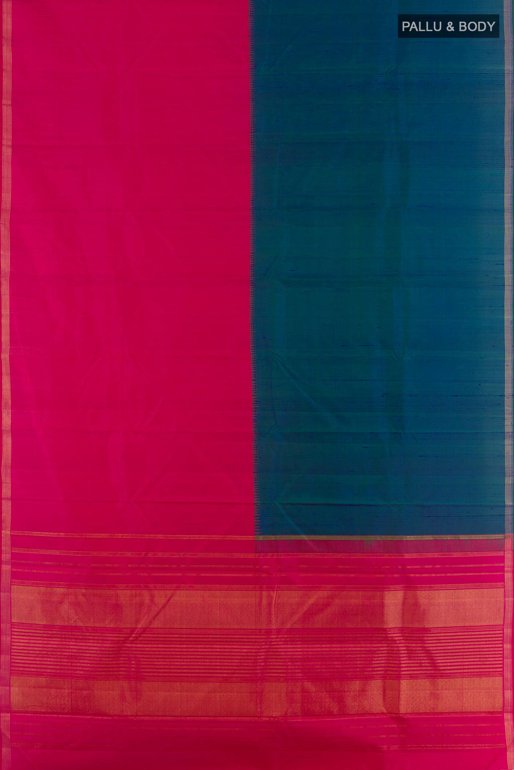 Flat view of Multi Color Kanjivaram Silk Saree with Half And Half on the body and Zari Border. 