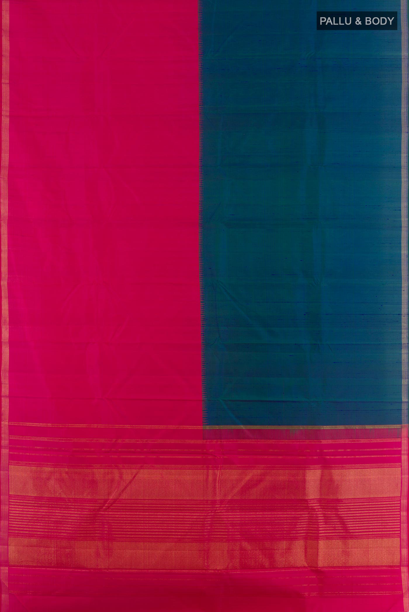 Flat view of Multi Color Kanjivaram Silk Saree with Half And Half on the body and Zari Border. 