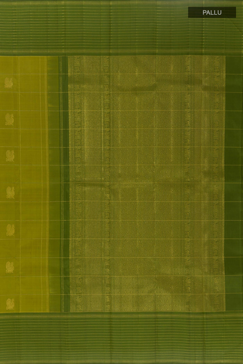 Close up image of the pallu of Mehandi Green Kanjivaram Silk Saree with Checked design on the body and Zari Border. 