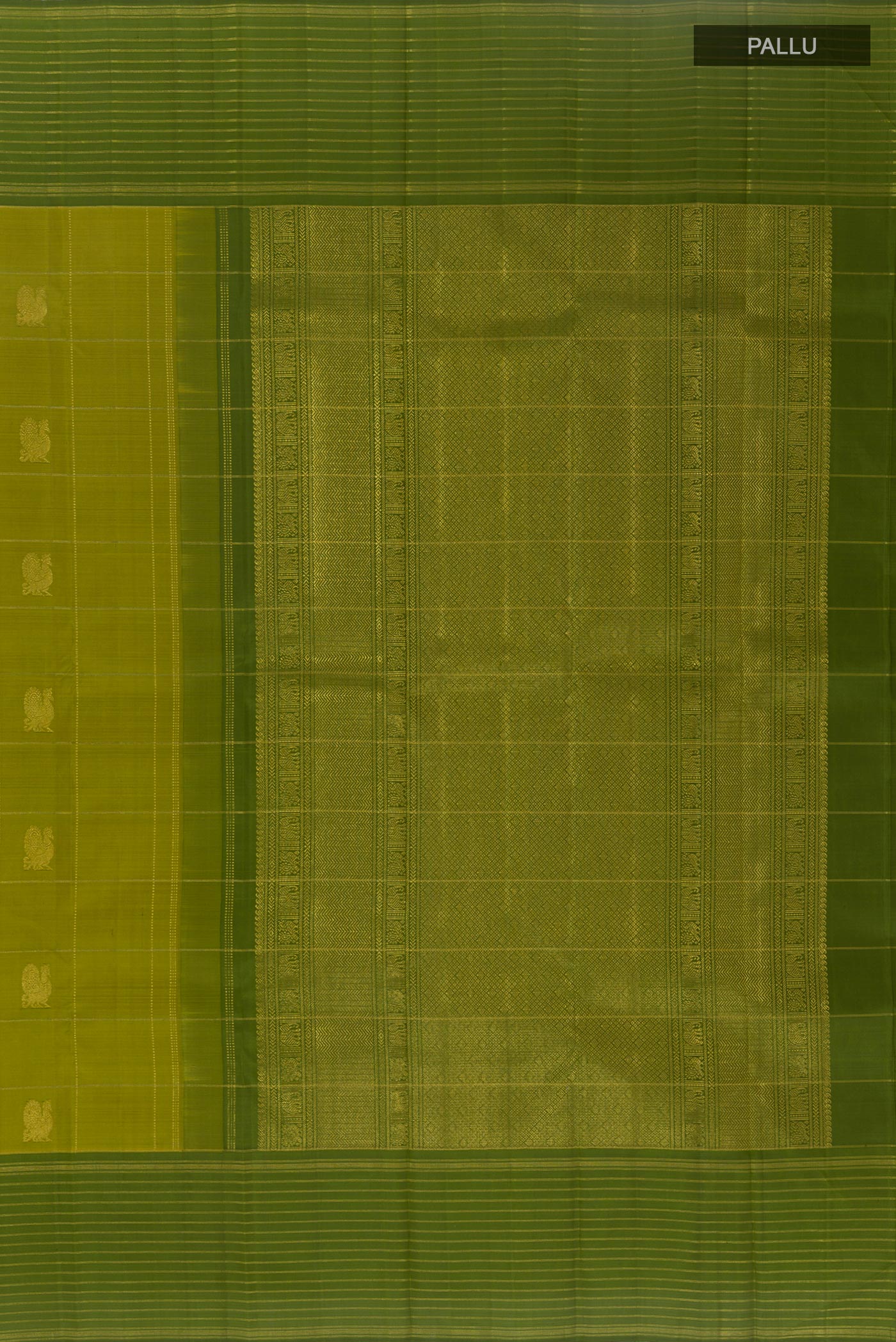 Close up image of the pallu of Mehandi Green Kanjivaram Silk Saree with Checked design on the body and Zari Border. 
