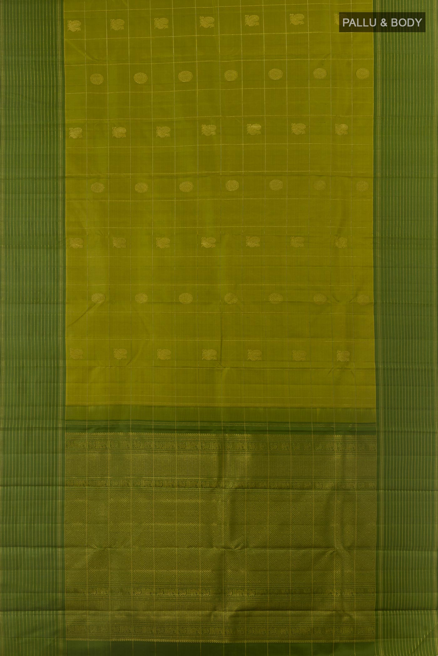 Flat view of Mehandi Green Kanjivaram Silk Saree with Checked design on the body and Zari Border. 