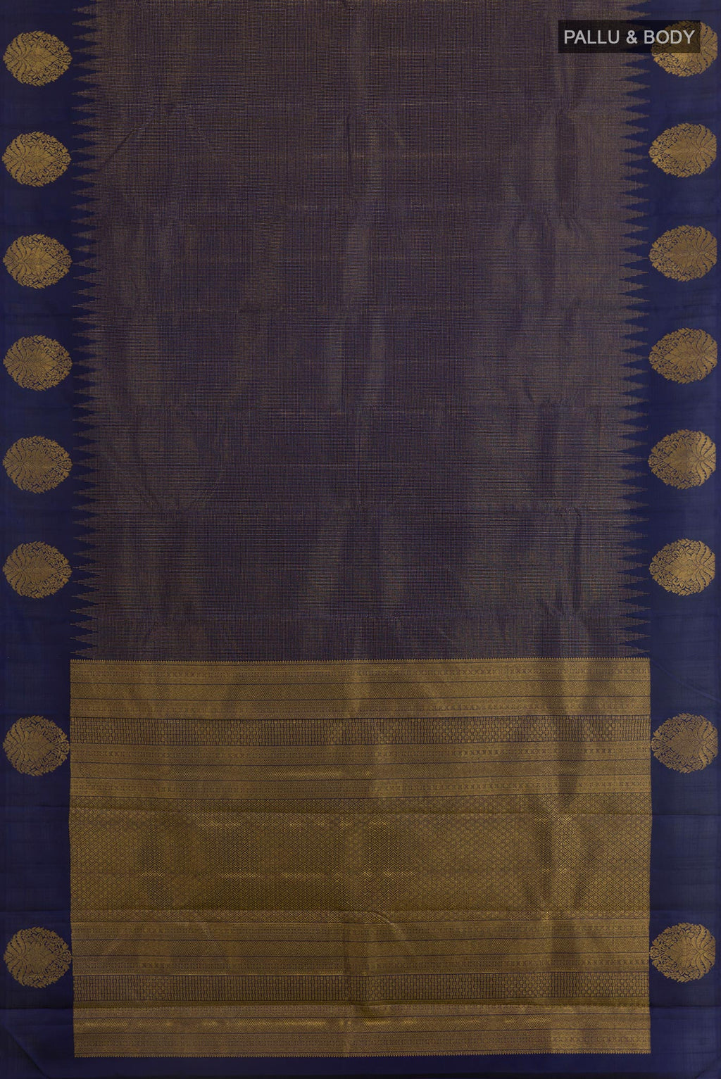Flat view of Blue Kanjivaram Silk Saree with Zari Brocade on the body and Zari Border. 