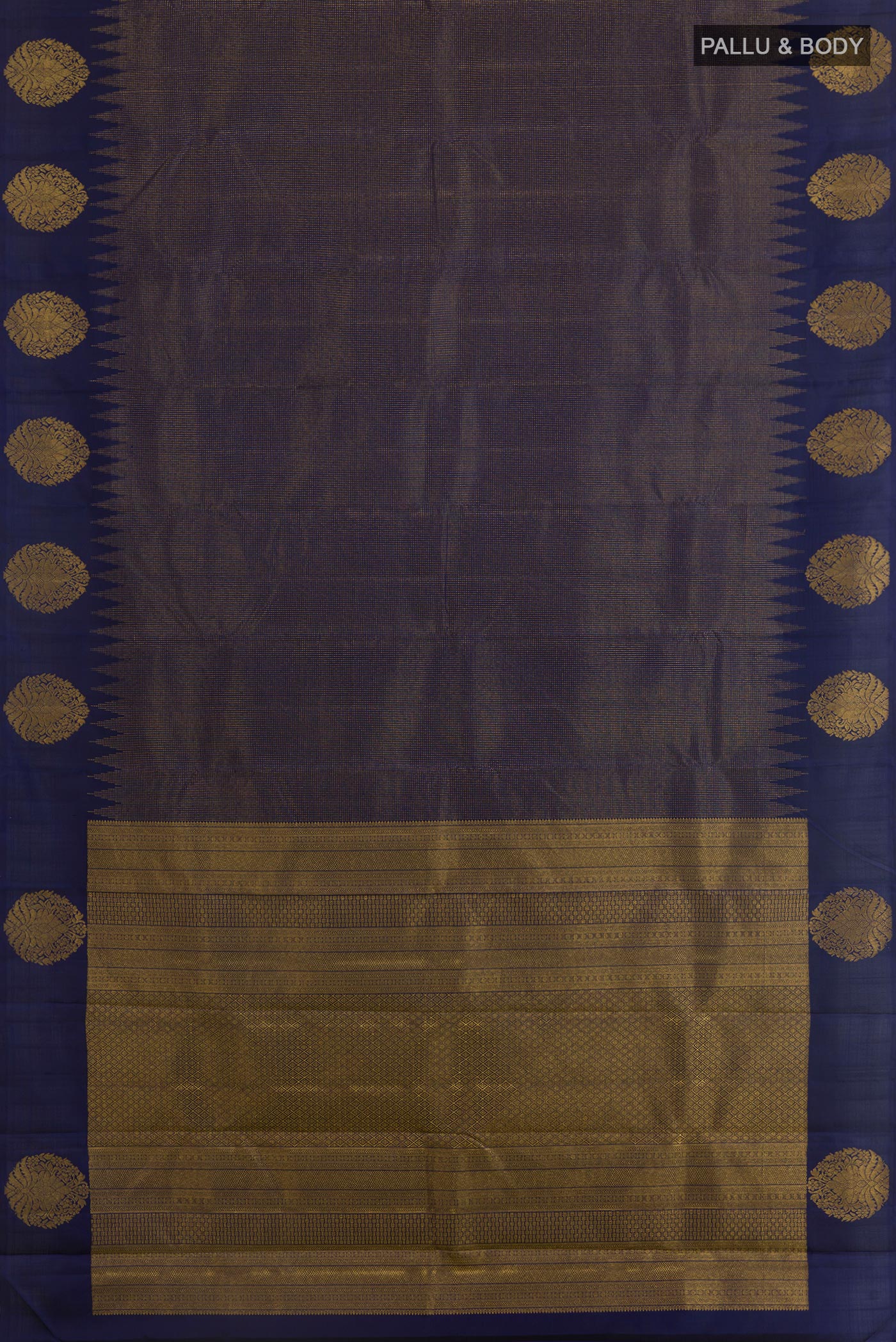 Flat view of Blue Kanjivaram Silk Saree with Zari Brocade on the body and Zari Border. 