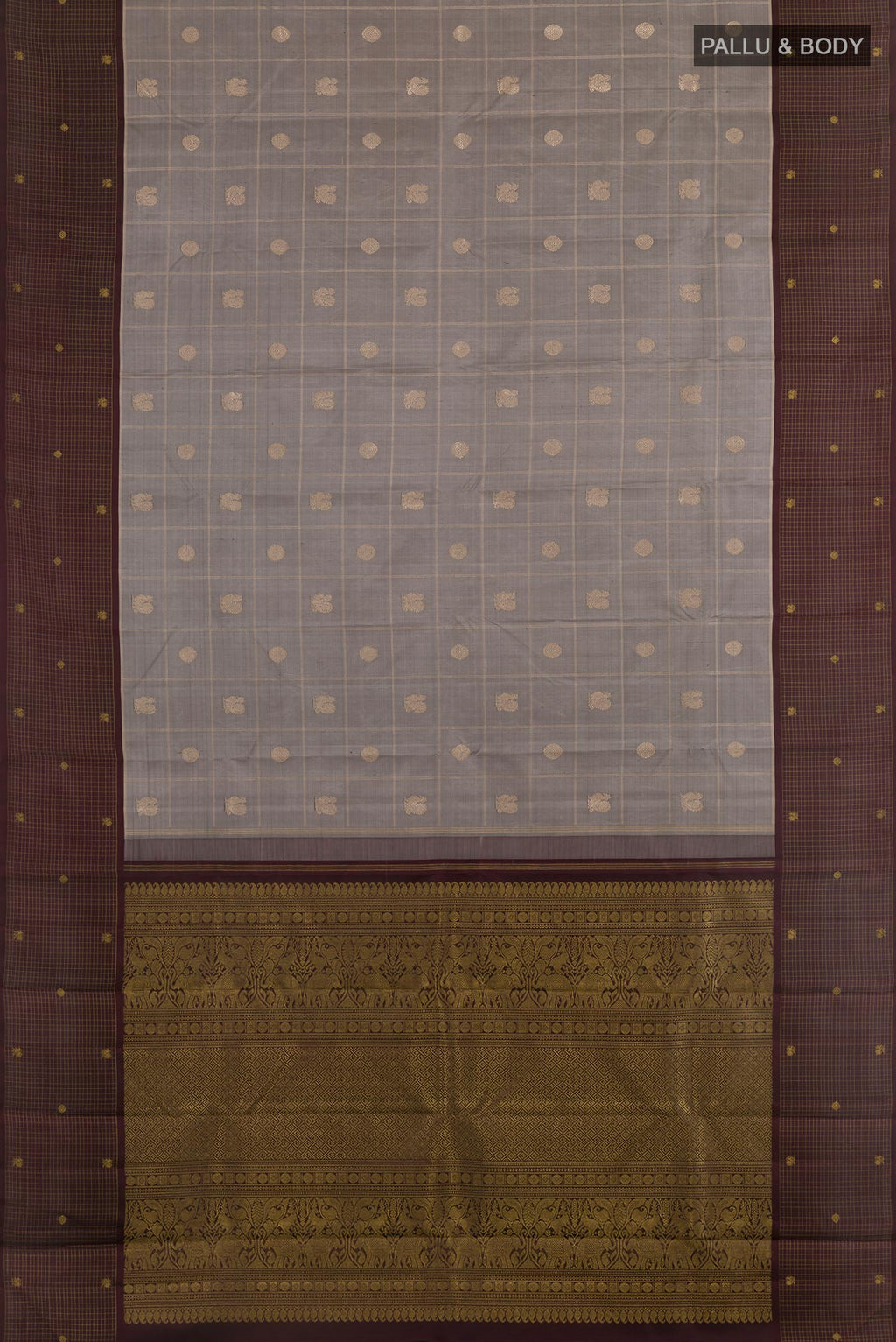 Flat view of Grey Kanjivaram Silk Saree with Checked design on the body and Checks Border. 