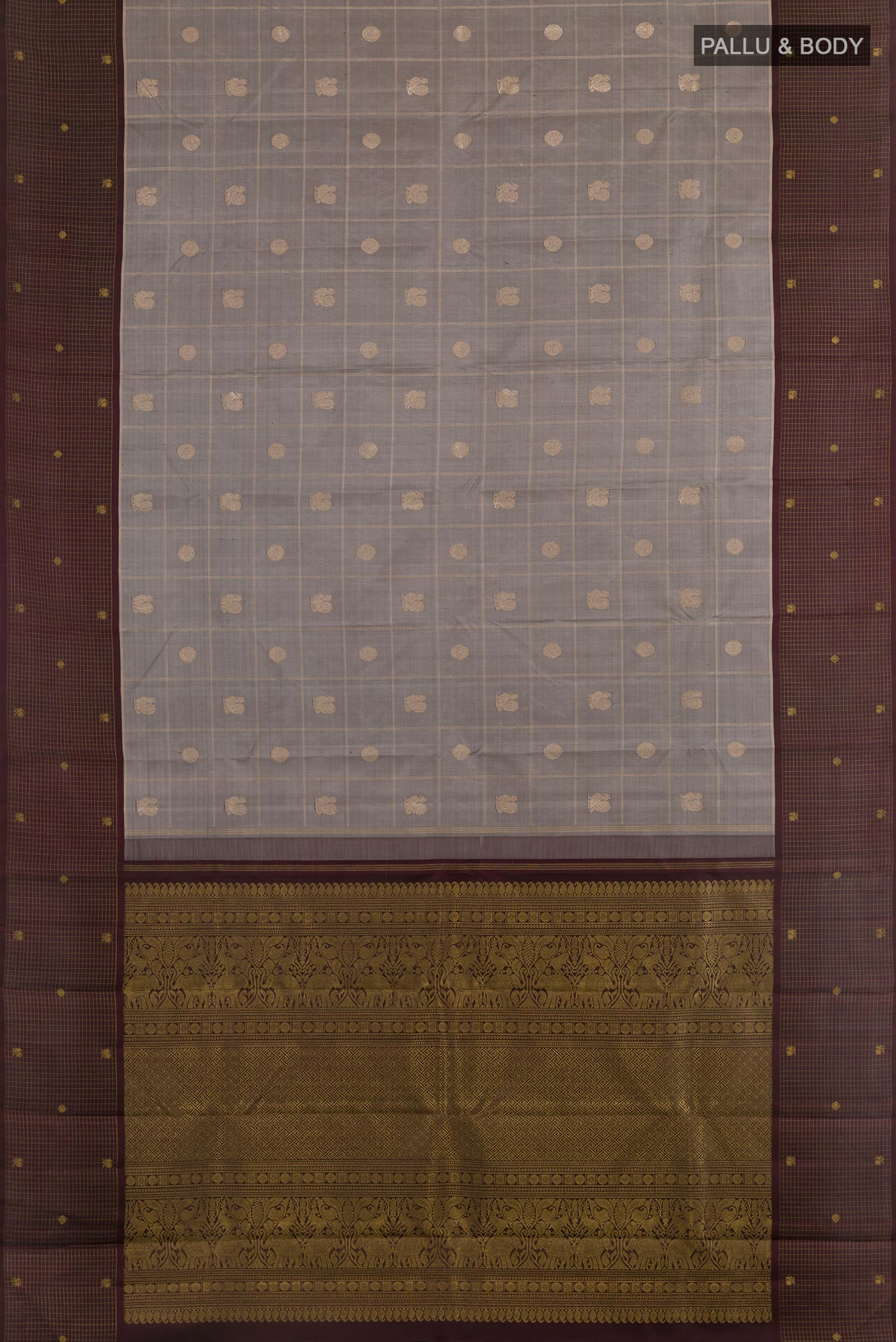 Flat view of Grey Kanjivaram Silk Saree with Checked design on the body and Checks Border. 