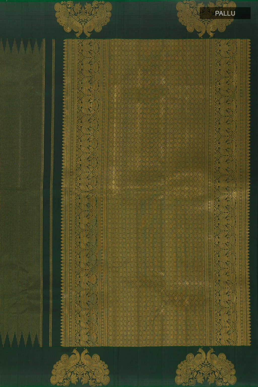 Close up image of the pallu of Bottle Green Kanjivaram Silk Saree with Stripes on the body and Fancy Border. 