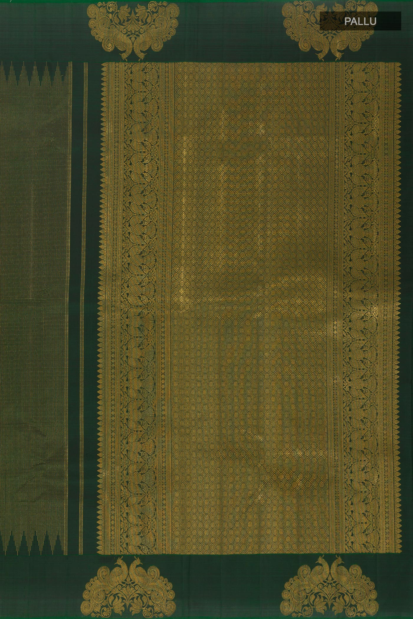 Close up image of the pallu of Bottle Green Kanjivaram Silk Saree with Stripes on the body and Fancy Border. 