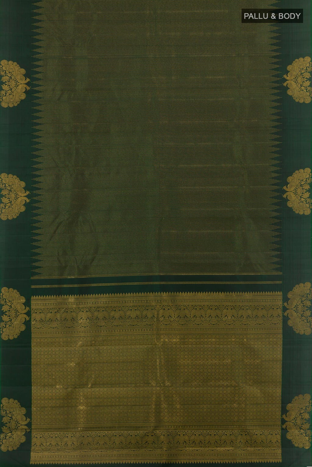 Flat view of Bottle Green Kanjivaram Silk Saree with Stripes on the body and Fancy Border. 