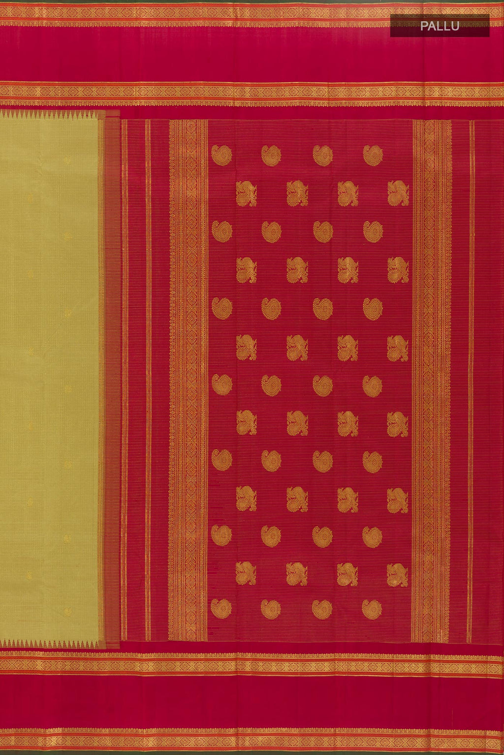 Close up image of the pallu of Beige Kanchipuram Silk Saree with Checked design on the body and Zari Border. 