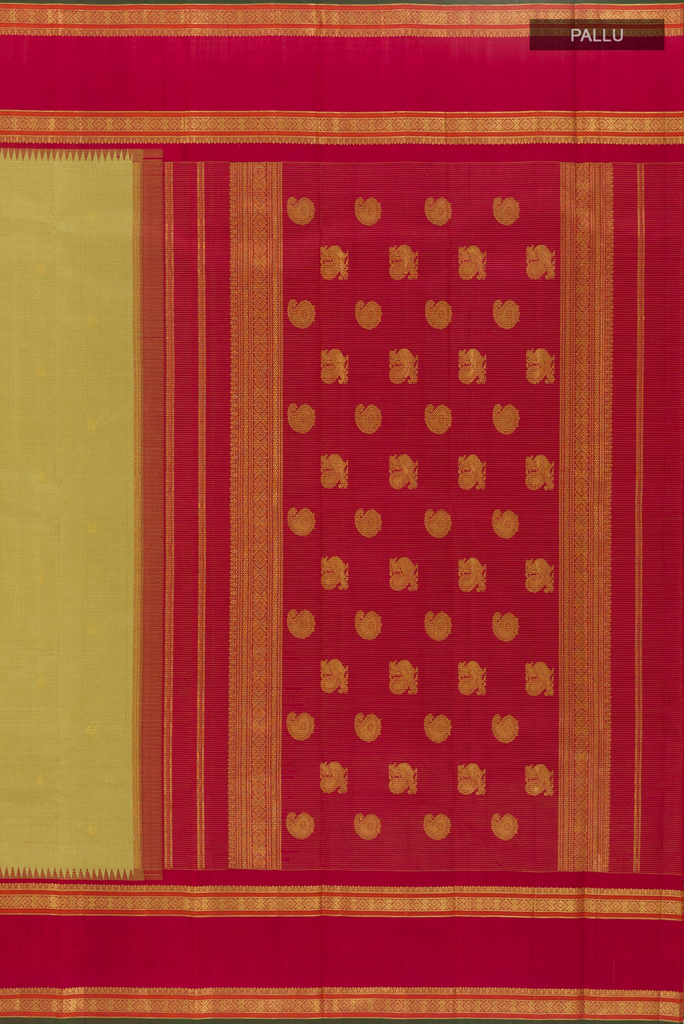 Close up image of the pallu of Beige Kanchipuram Silk Saree with Checked design on the body and Zari Border. 