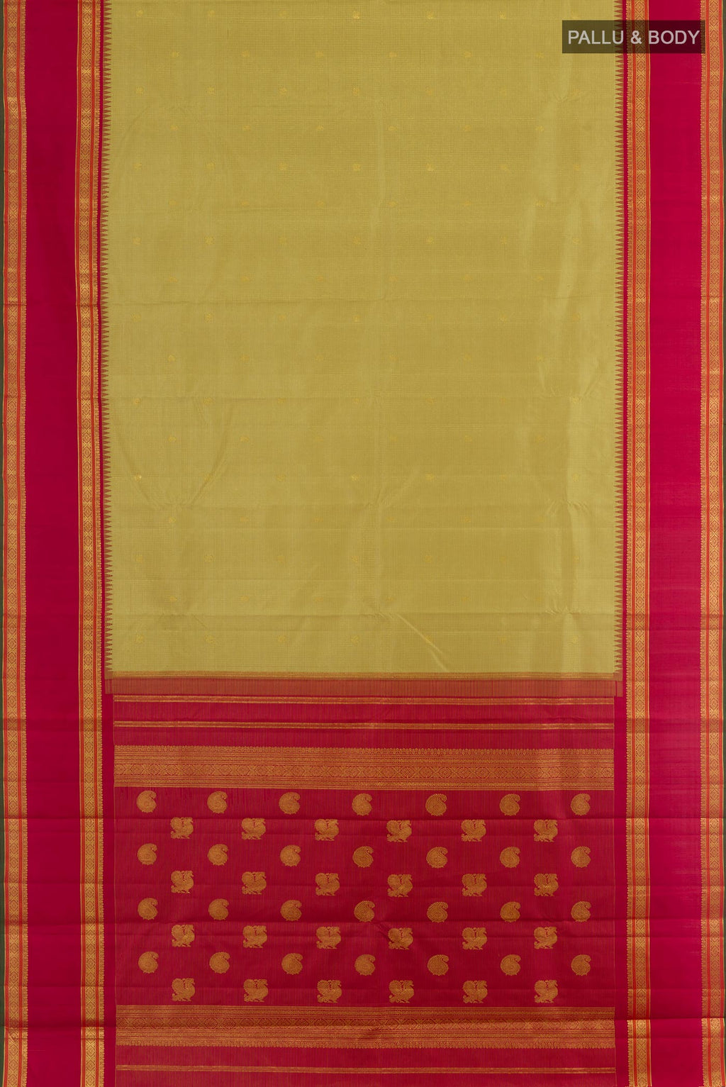 Flat view of Beige Kanchipuram Silk Saree with Checked design on the body and Zari Border. 