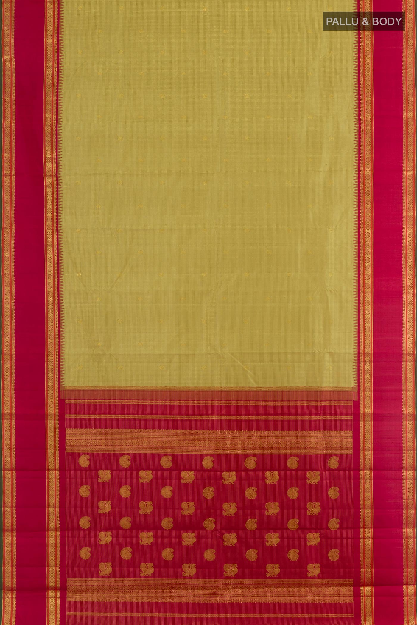 Flat view of Beige Kanchipuram Silk Saree with Checked design on the body and Zari Border. 