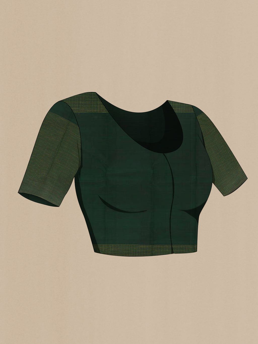 Close up image of the blouse of Bottle Green Kanjivaram Silk Saree with Zari Butta on the body and Zari Border. 