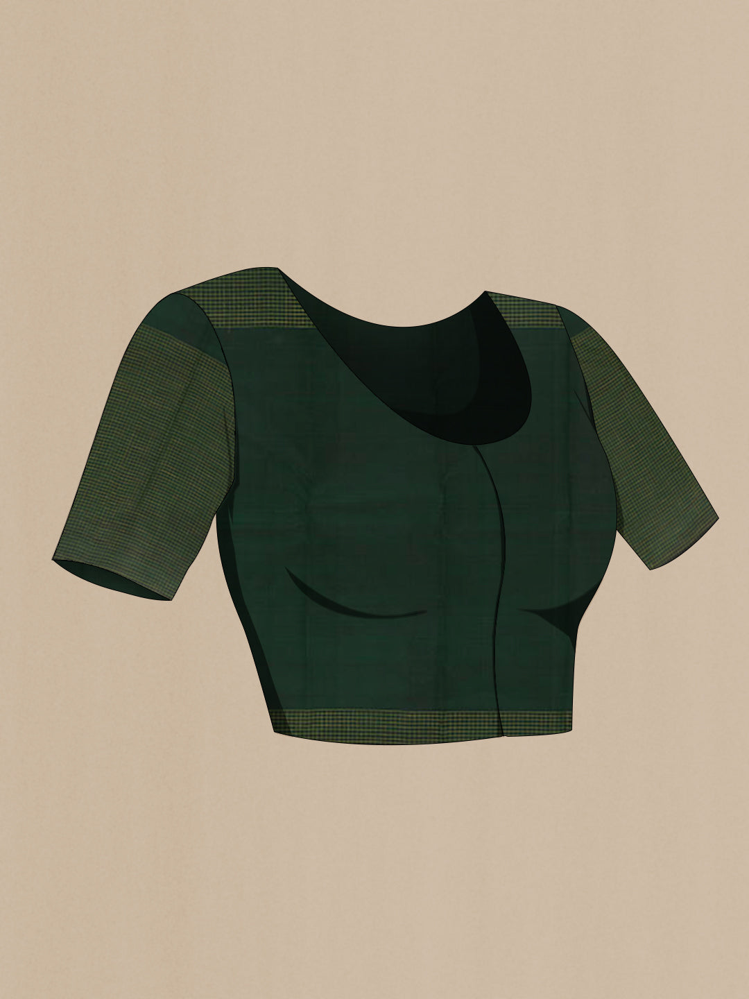 Close up image of the blouse of Bottle Green Kanjivaram Silk Saree with Zari Butta on the body and Zari Border. 