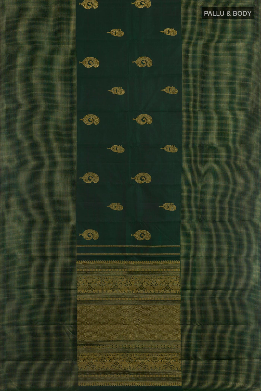 Flat view of Bottle Green Kanjivaram Silk Saree with Zari Butta on the body and Zari Border. 