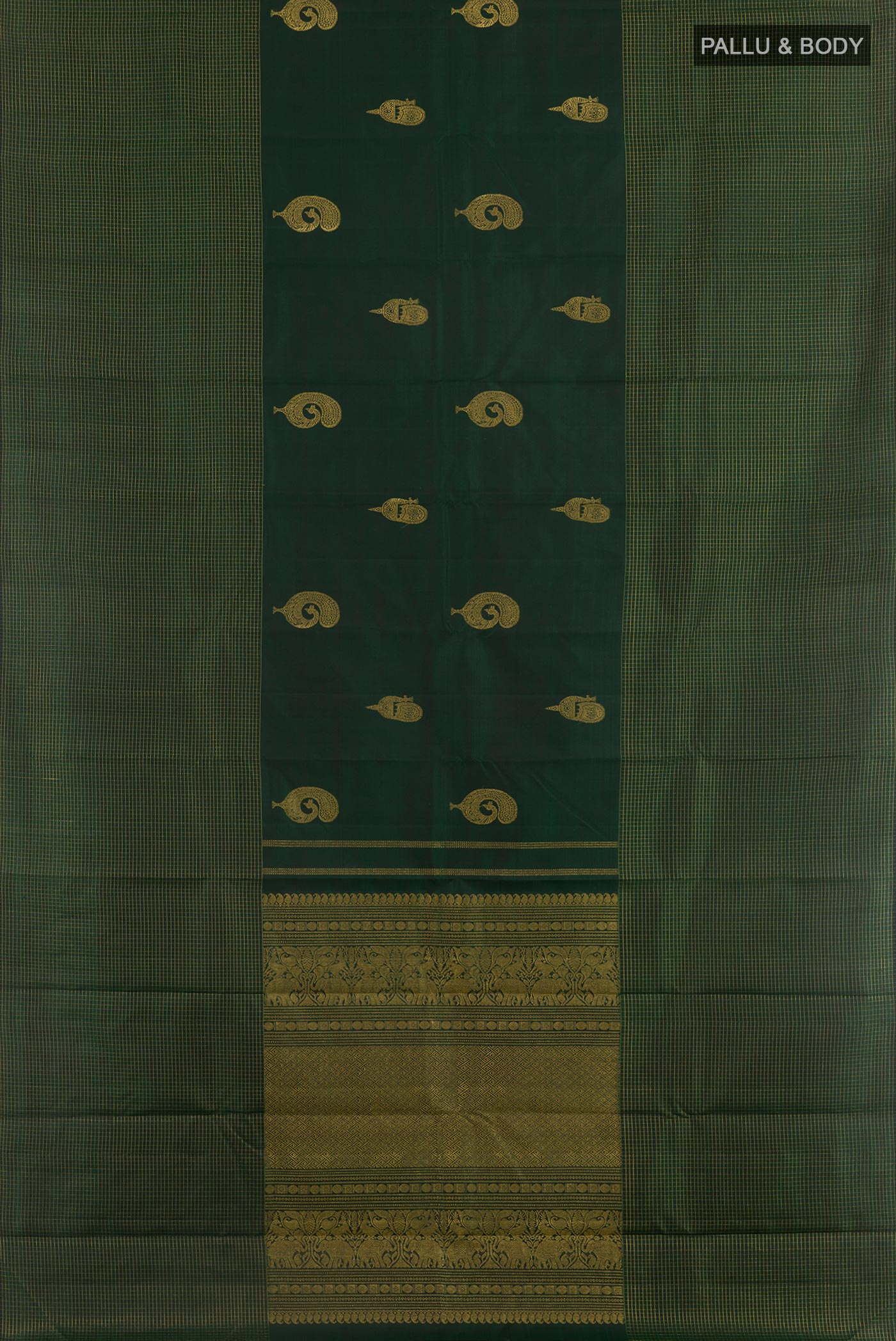 Flat view of Bottle Green Kanjivaram Silk Saree with Zari Butta on the body and Zari Border. 