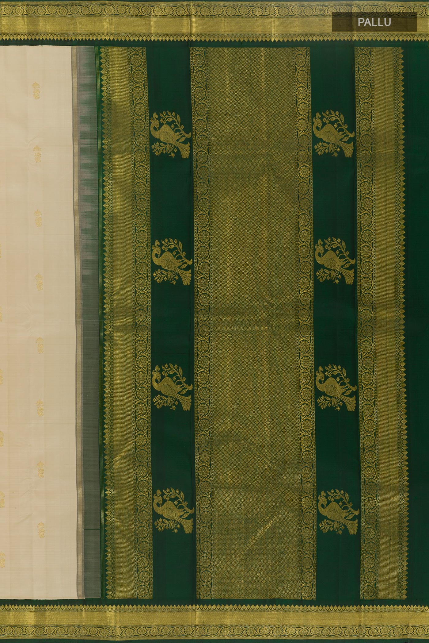 Close up image of the pallu of Off White Kanchipuram Silk Saree with Zari Butta on the body and Zari Border. 