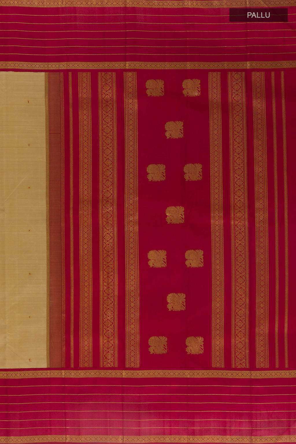 Close up image of the pallu of Pure Silk Beige Kanchipuram Saree with Zari Butta on the body and Zari Border. 