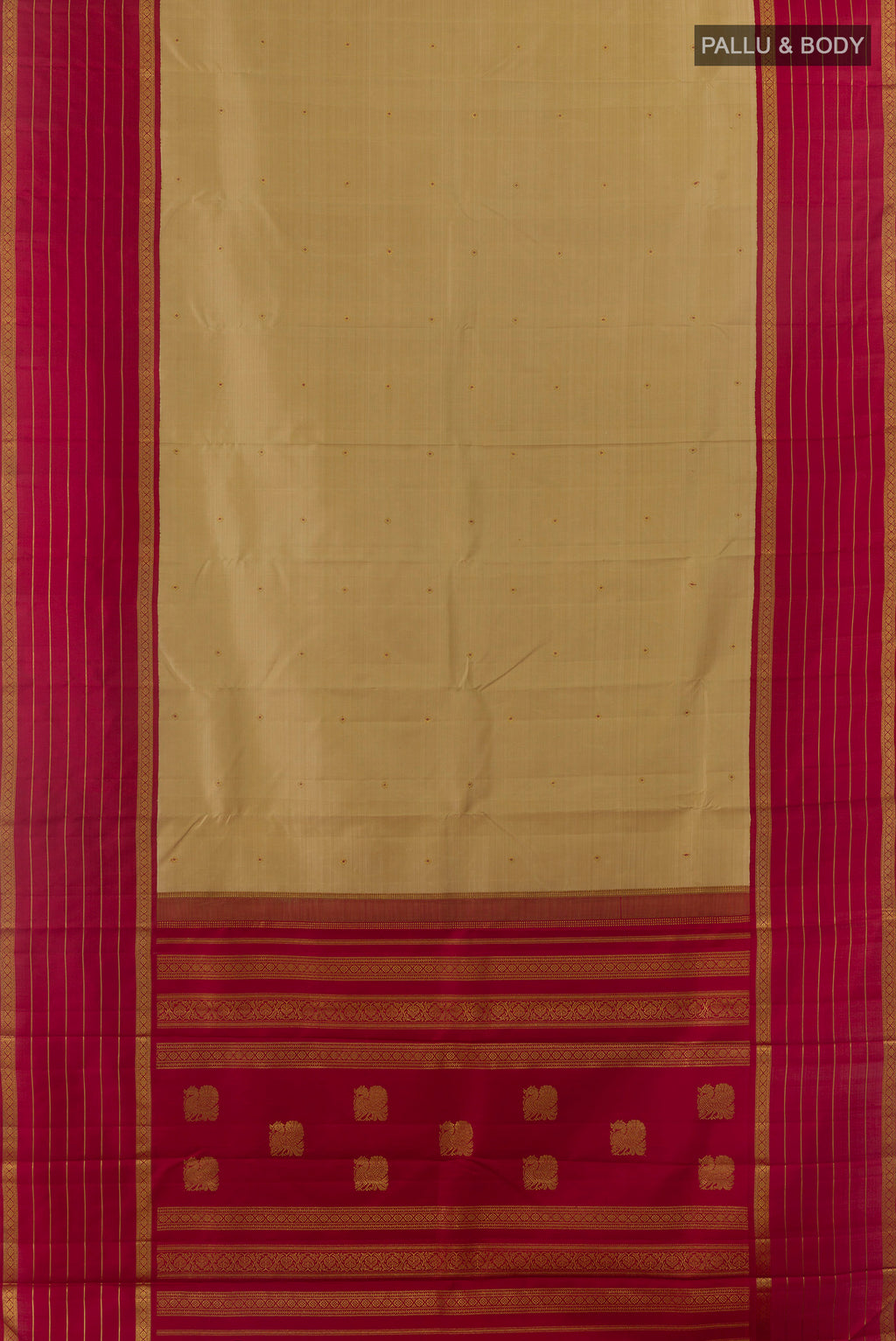 Flat view of Pure Silk Beige Kanchipuram Saree with Zari Butta on the body and Zari Border. 