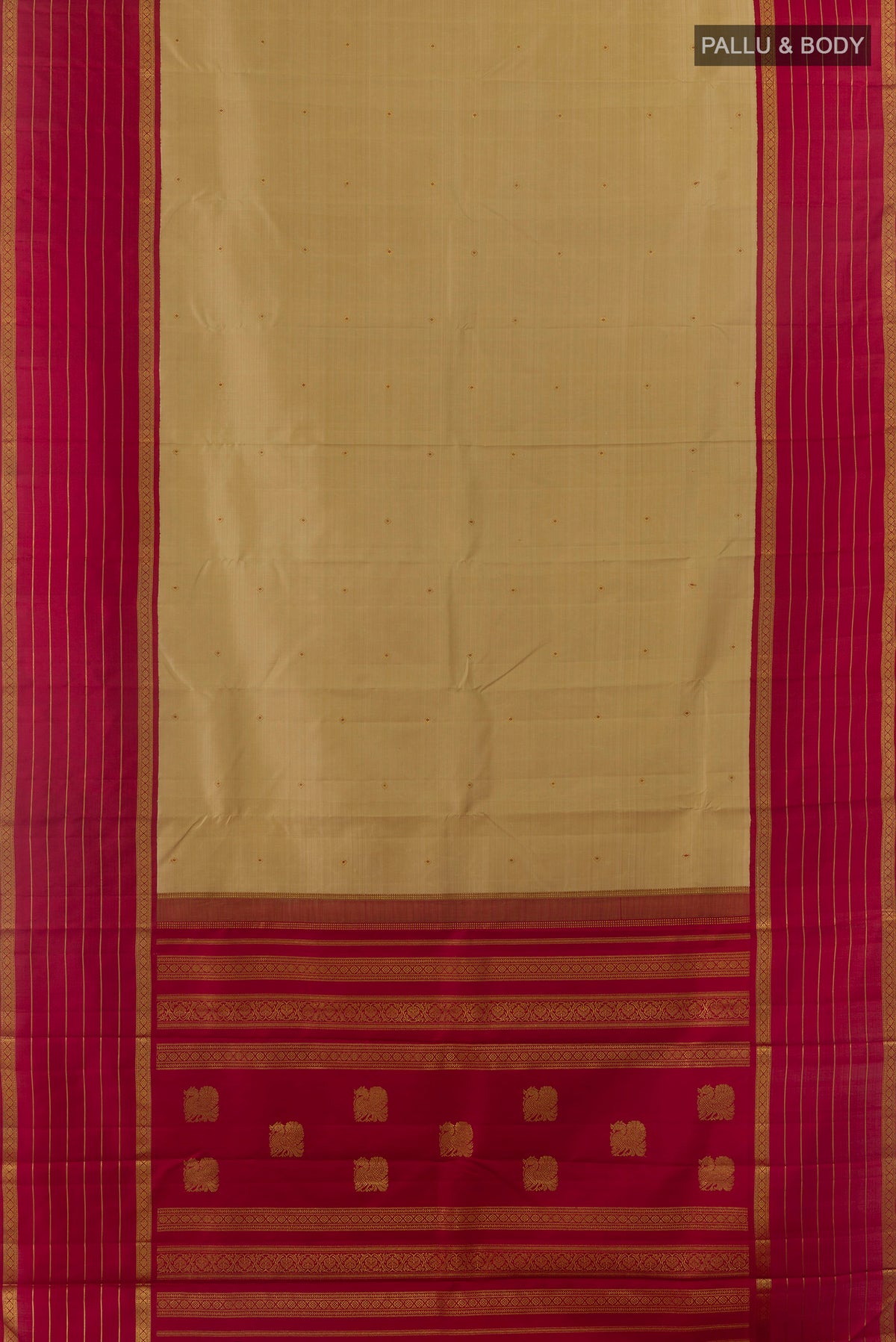 Flat view of Pure Silk Beige Kanchipuram Saree with Zari Butta on the body and Zari Border. 