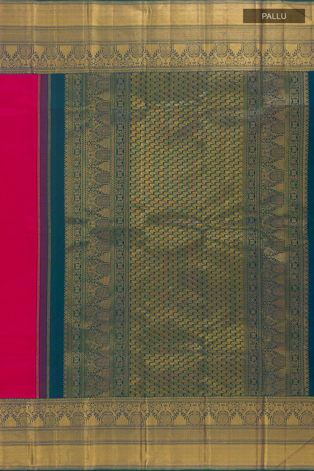 Close up image of the pallu of Pink Kanchipuram Silk Saree with Plain Body and Zari Border. 