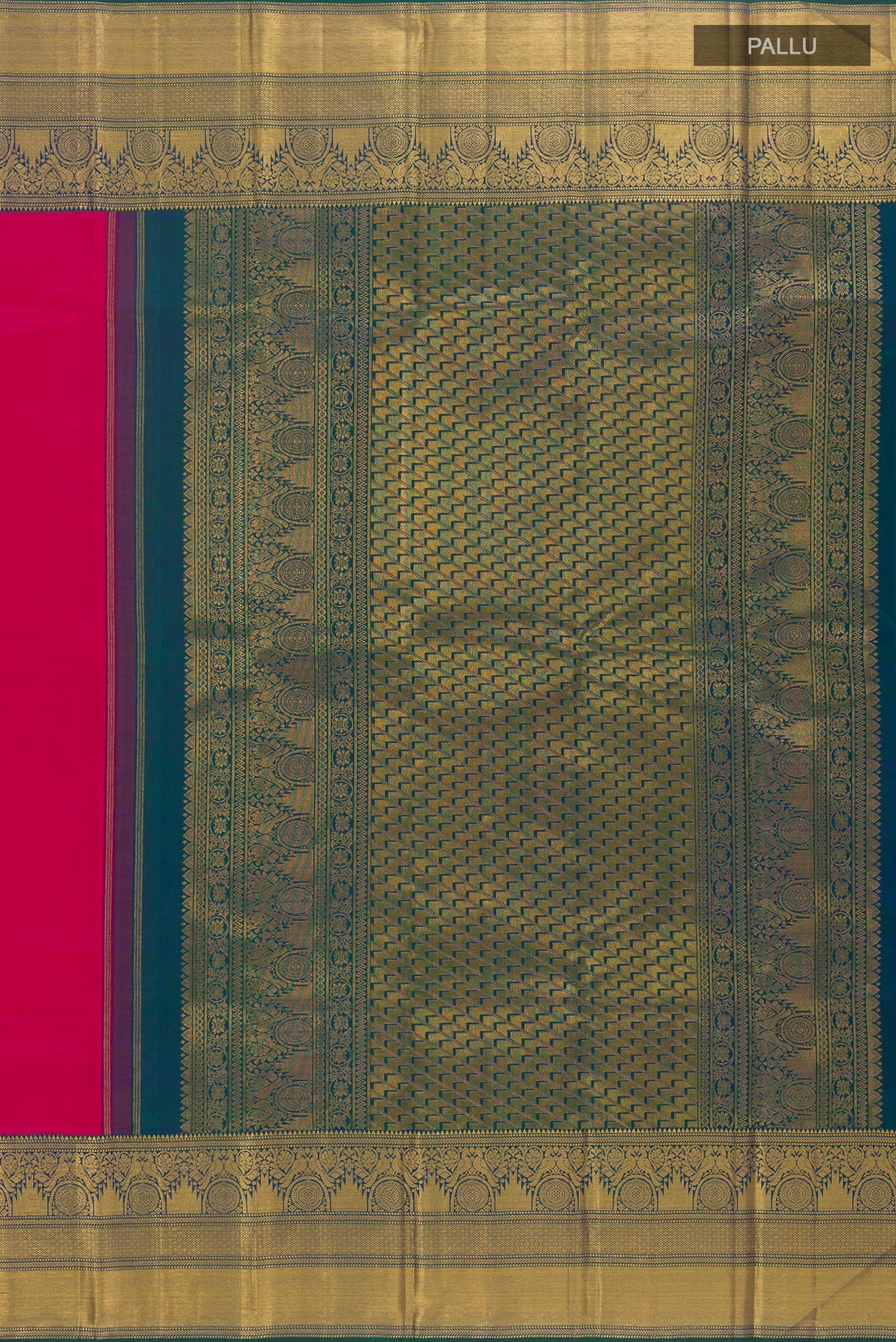 Close up image of the pallu of Pink Kanchipuram Silk Saree with Plain Body and Zari Border. 