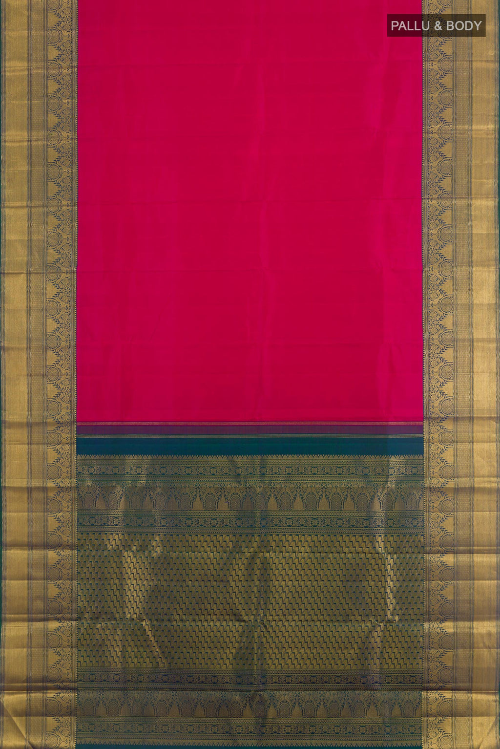 Flat view of Pink Kanchipuram Silk Saree with Plain Body and Zari Border. 