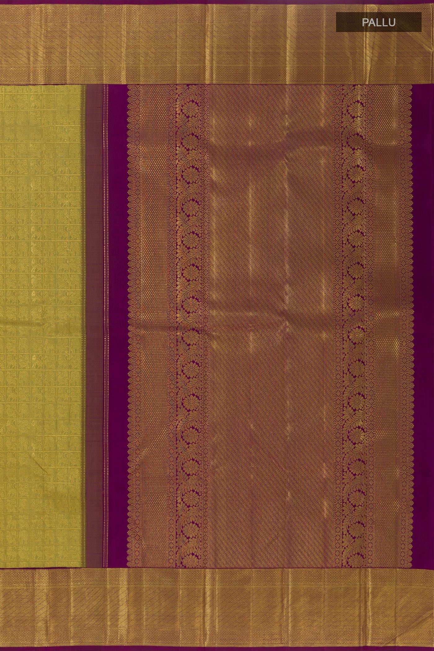Close up image of the pallu of Lemon Yellow Kanchipuram Silk Saree with Zari Brocade on the body and Zari Border. 