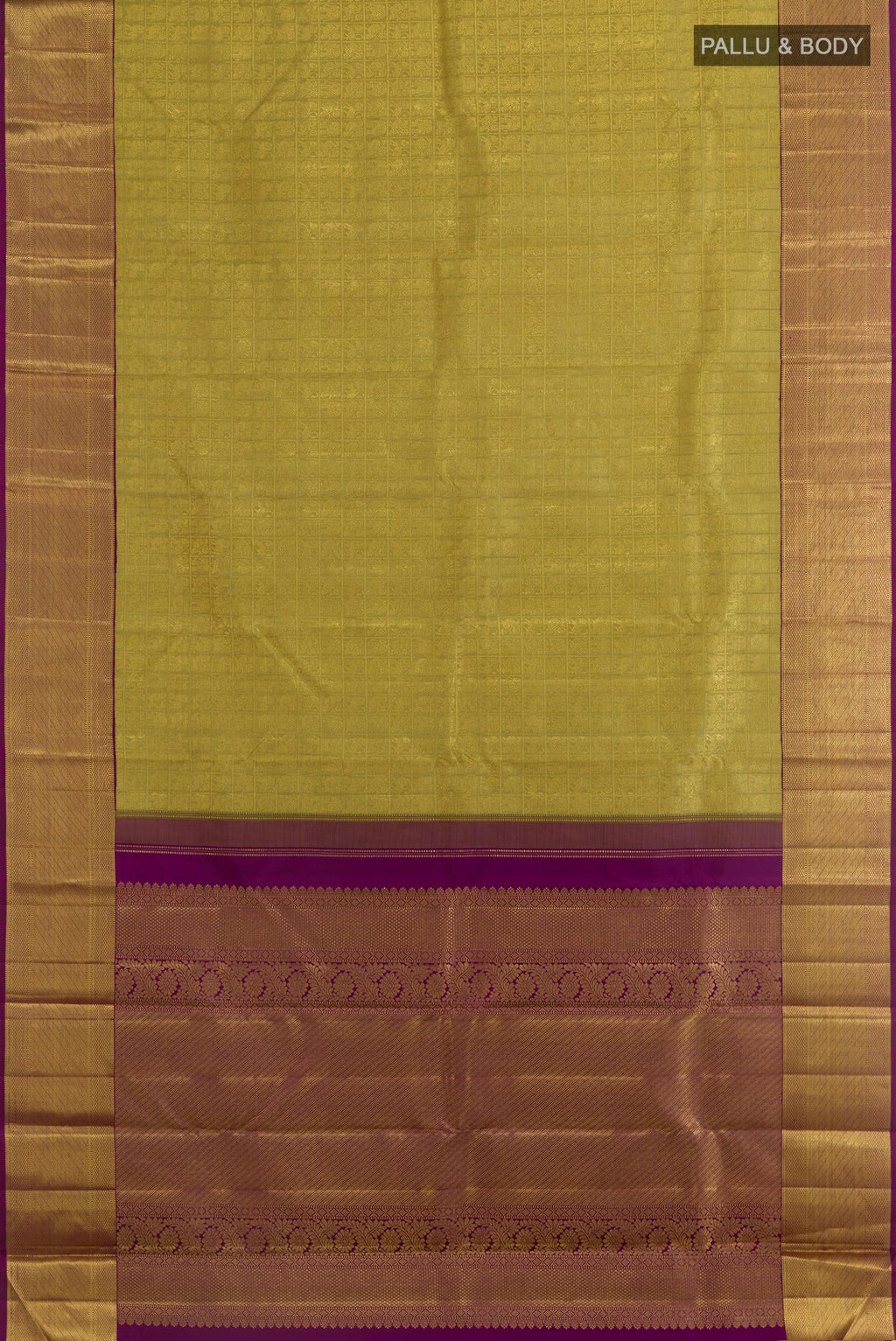 Flat view of Lemon Yellow Kanchipuram Silk Saree with Zari Brocade on the body and Zari Border. 