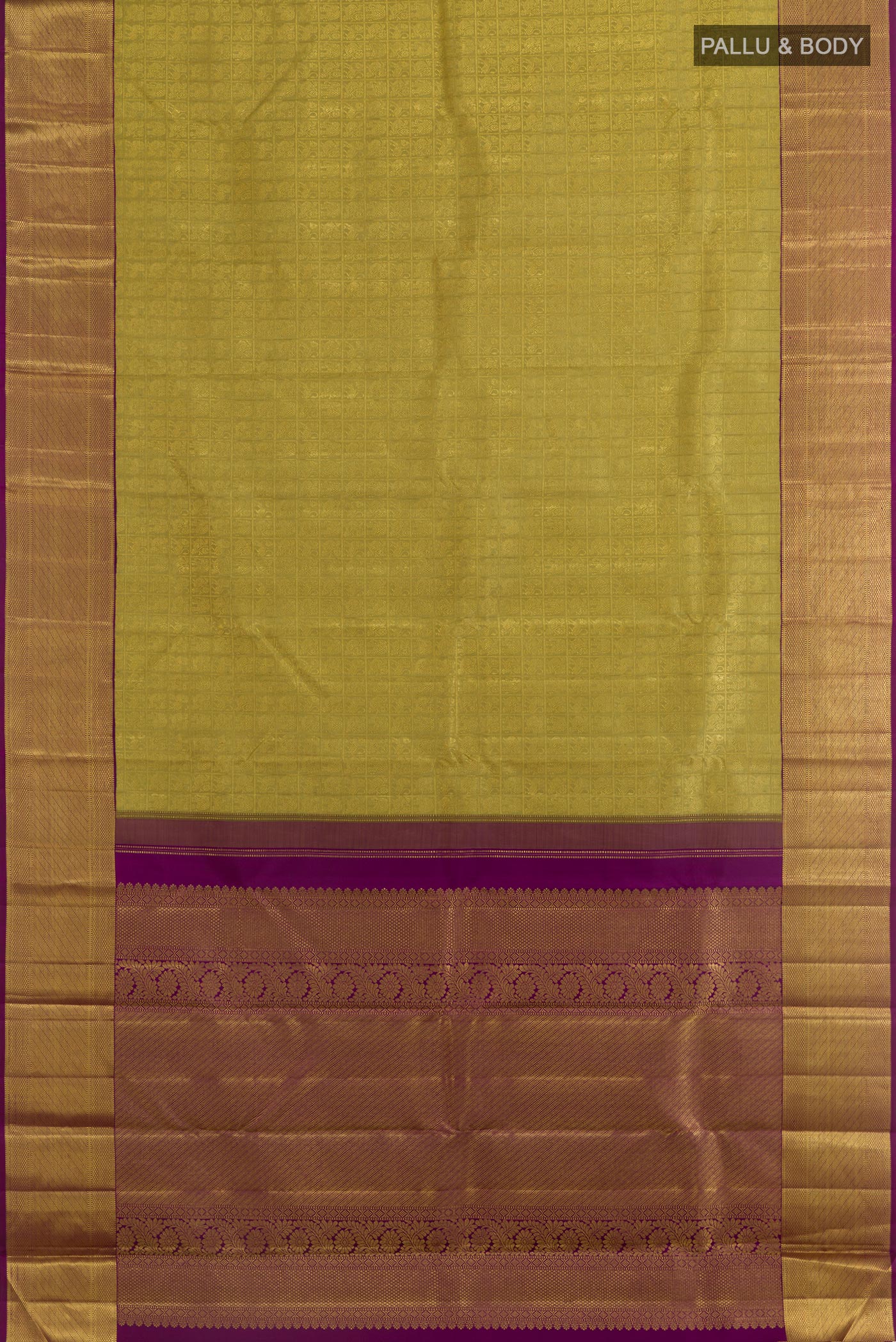 Flat view of Lemon Yellow Kanchipuram Silk Saree with Zari Brocade on the body and Zari Border. 