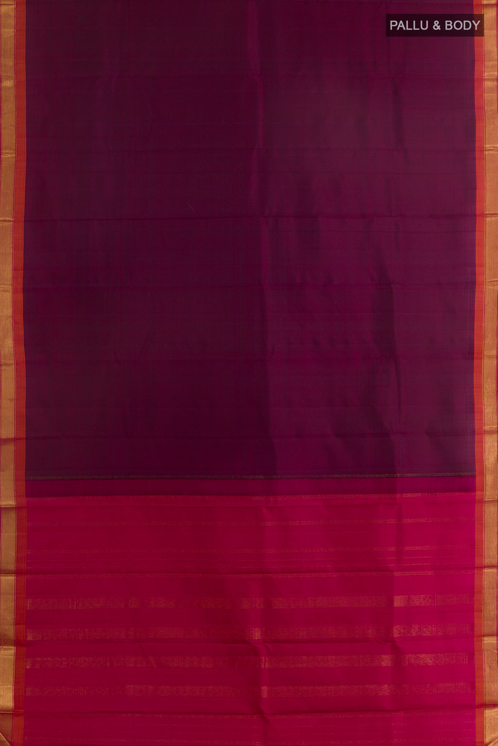 Flat view of Pure Silk Maroon Kanjivaram Saree with Plain Body and Zari Border. 
