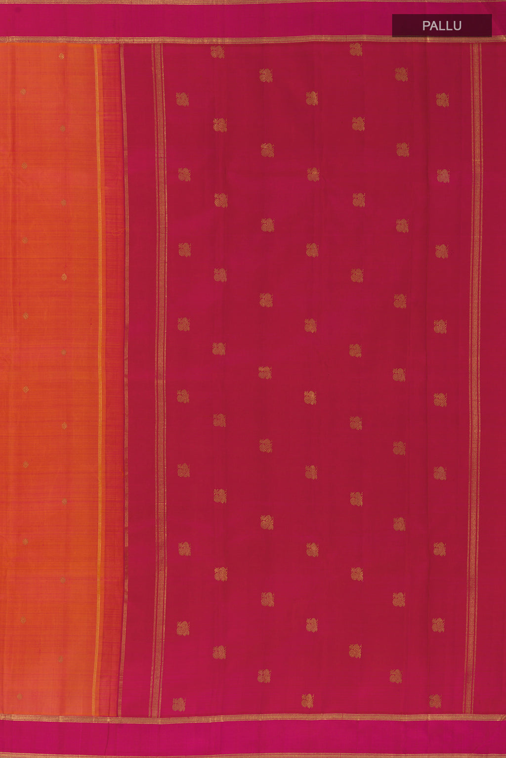 Close up image of the pallu of Pure Silk Pure Zari Orange Kanjivaram Saree with Zari Butta on the body and Zari Border. 
