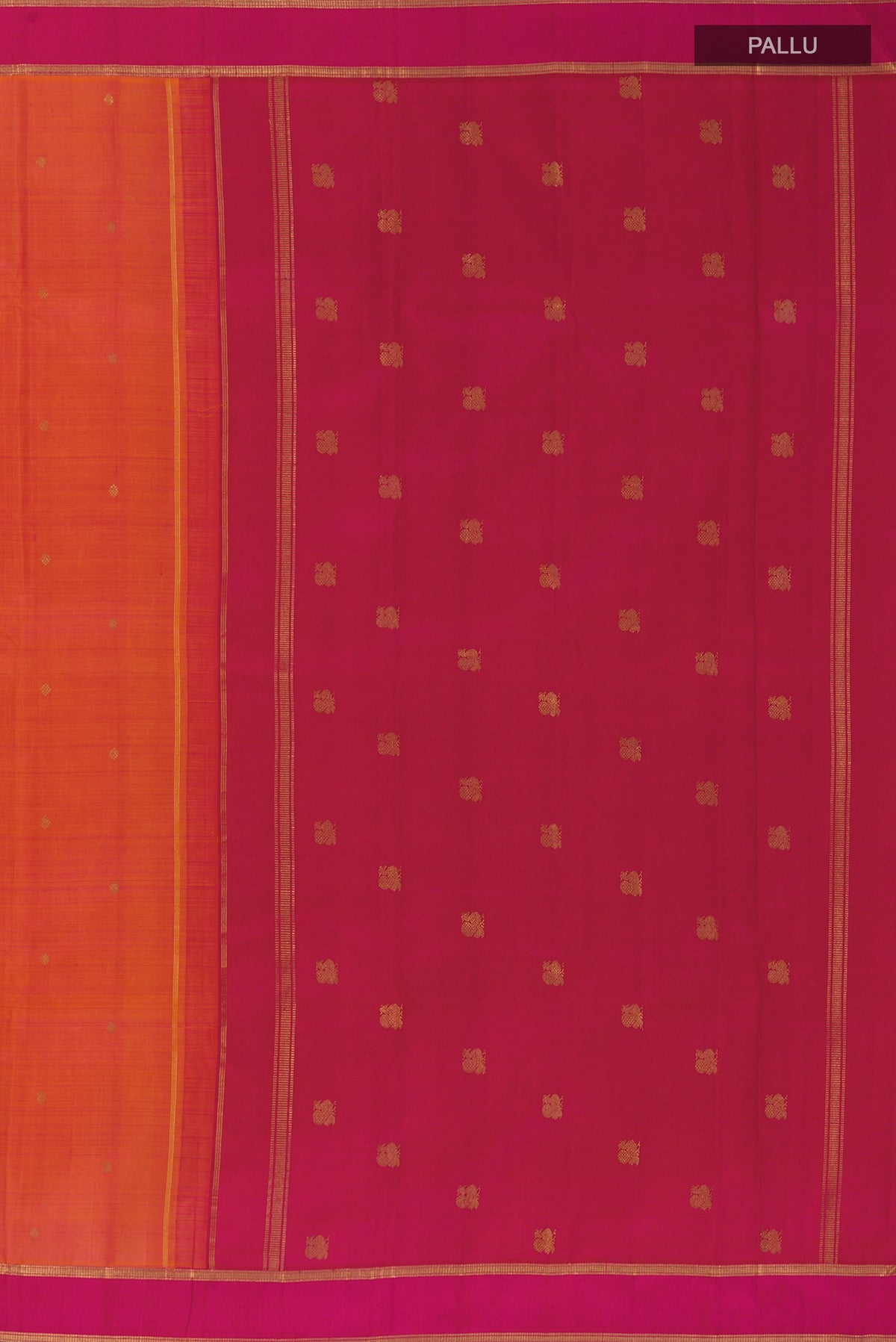 Close up image of the pallu of Pure Silk Pure Zari Orange Kanjivaram Saree with Zari Butta on the body and Zari Border. 
