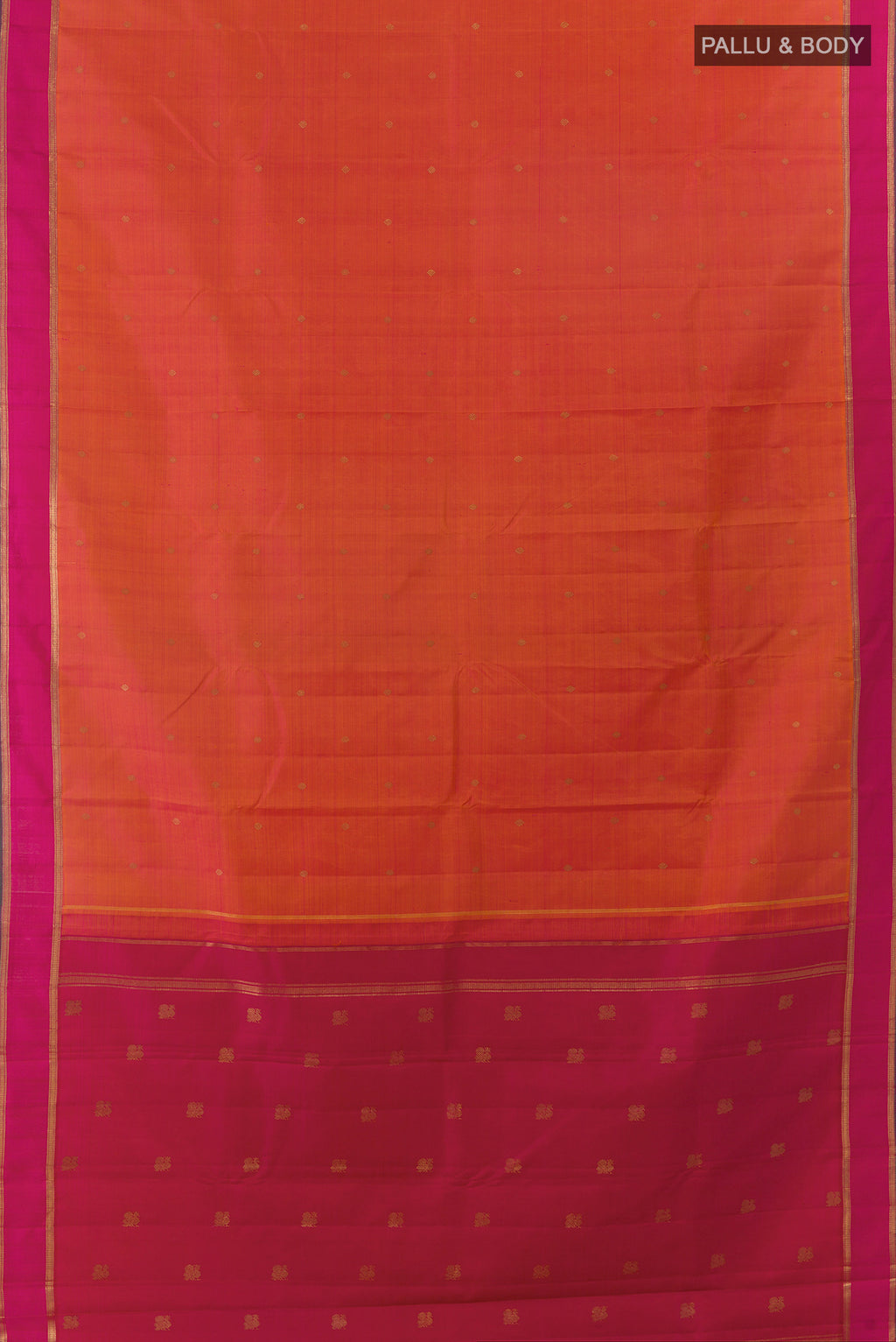 Flat view of Pure Silk Pure Zari Orange Kanjivaram Saree with Zari Butta on the body and Zari Border. 