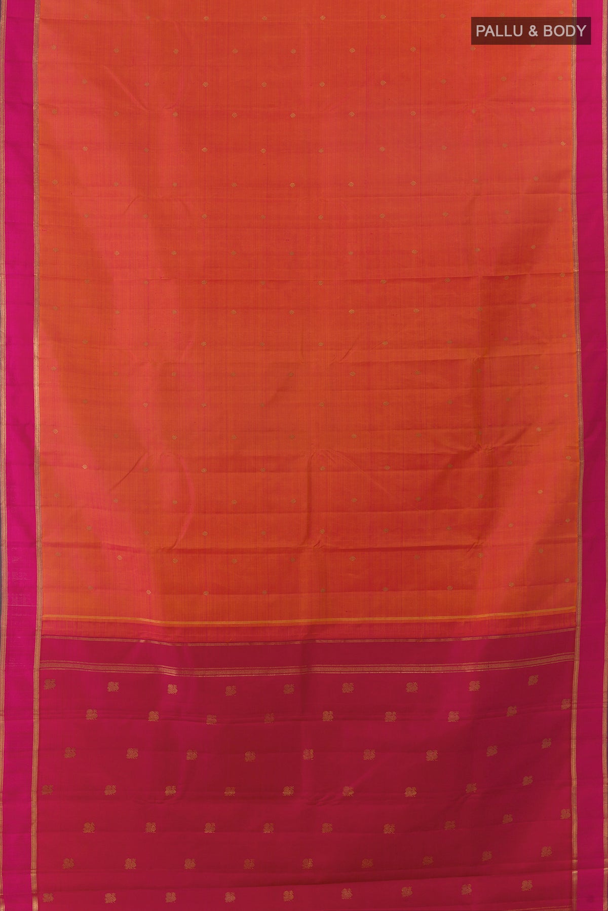 Flat view of Pure Silk Pure Zari Orange Kanjivaram Saree with Zari Butta on the body and Zari Border. 
