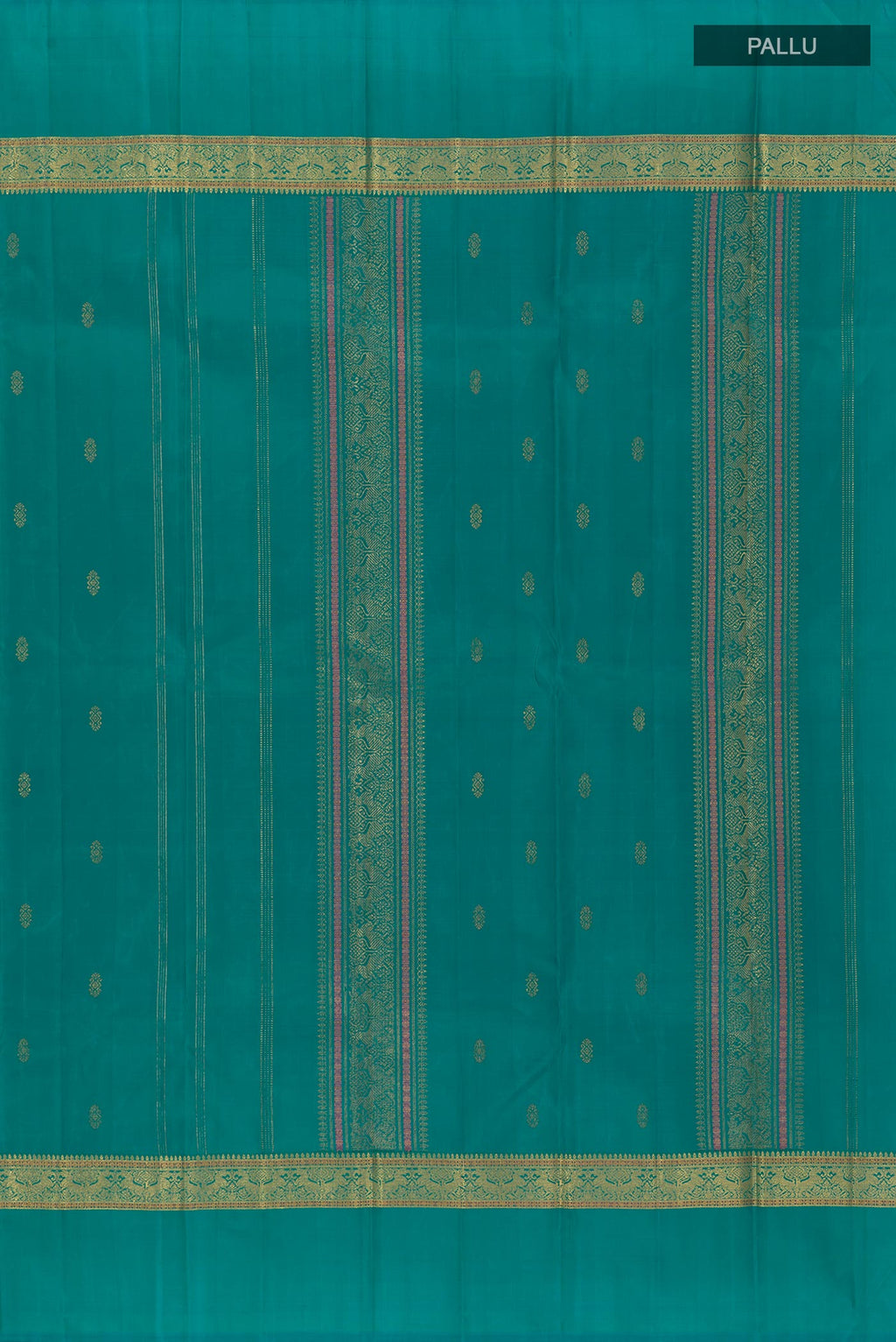 Close up image of the pallu of Peacock Blue Kanchipuram Silk Saree with Zari Butta on the body and Zari Border. 