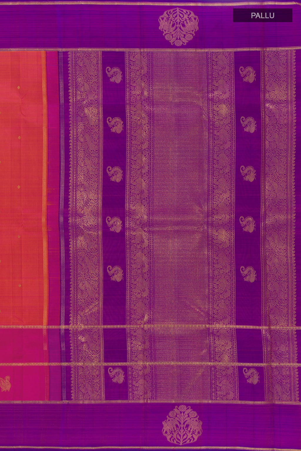 Close up image of the pallu of Pink with Orange Color Kanchipuram Silk Saree with Zari Butta on the body and Zari Border. 