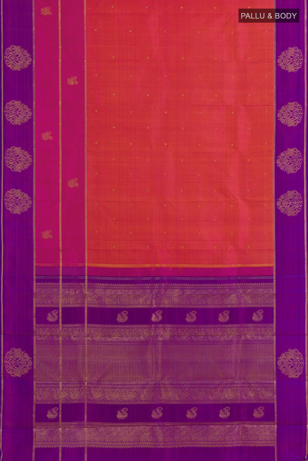 Flat view of Pink with Orange Color Kanchipuram Silk Saree with Zari Butta on the body and Zari Border. 