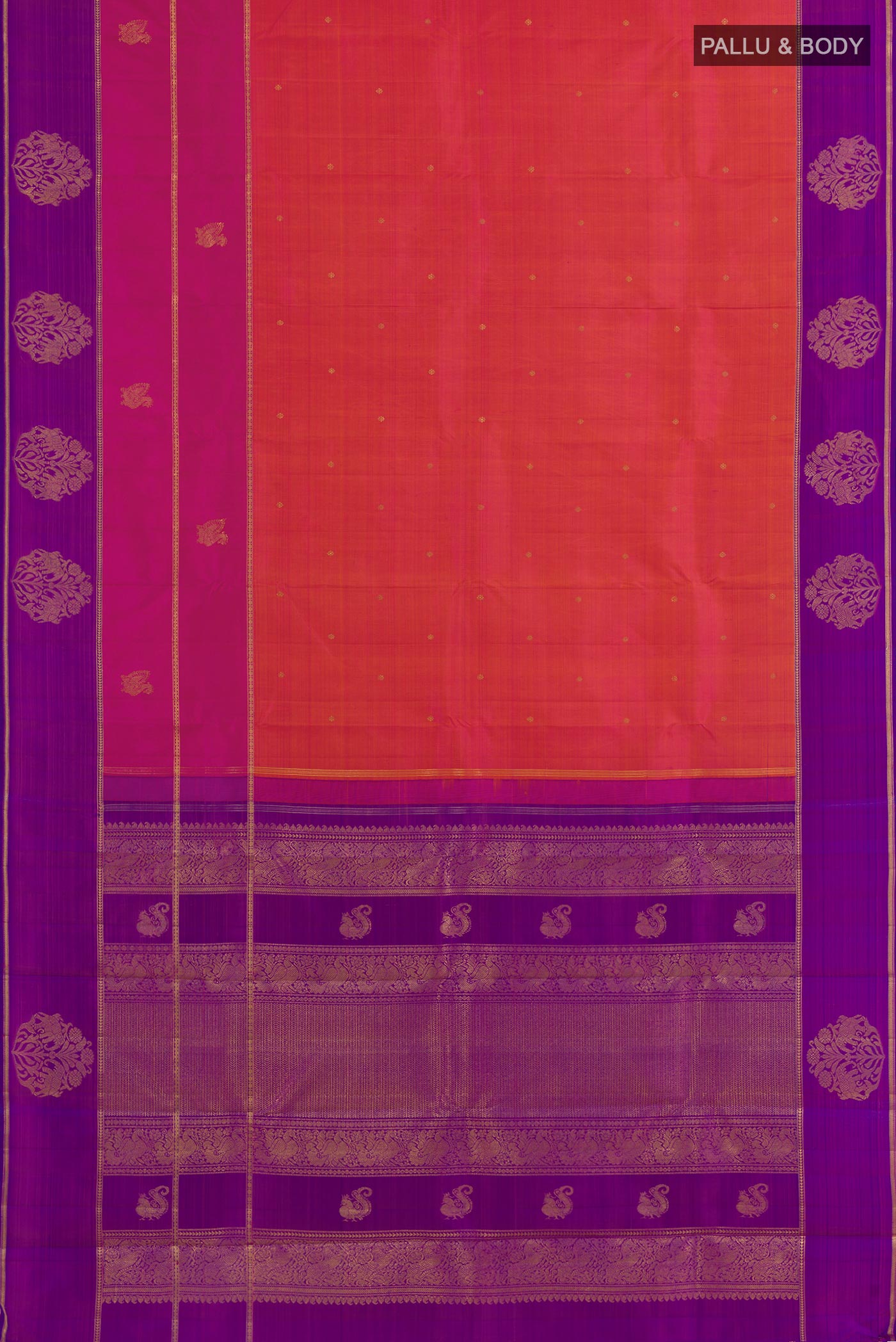 Flat view of Pink with Orange Color Kanchipuram Silk Saree with Zari Butta on the body and Zari Border. 