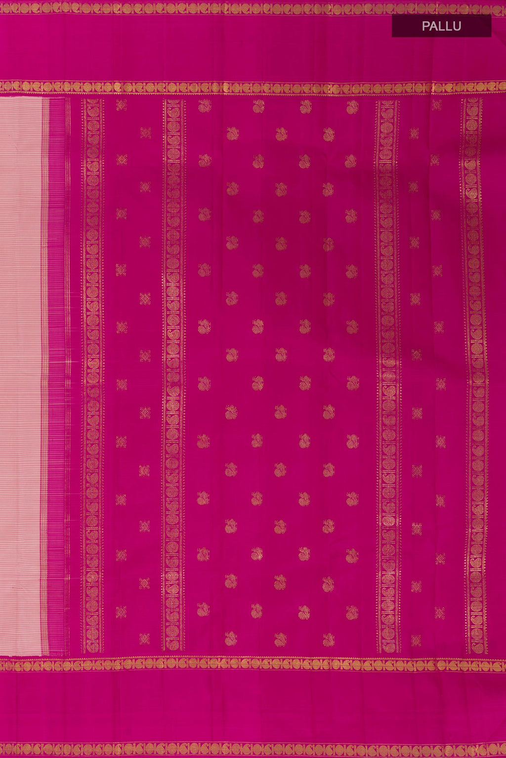 Close up image of the pallu of Rose pink Kanchipuram Silk Saree with Stripes on the body and Zari Border. 