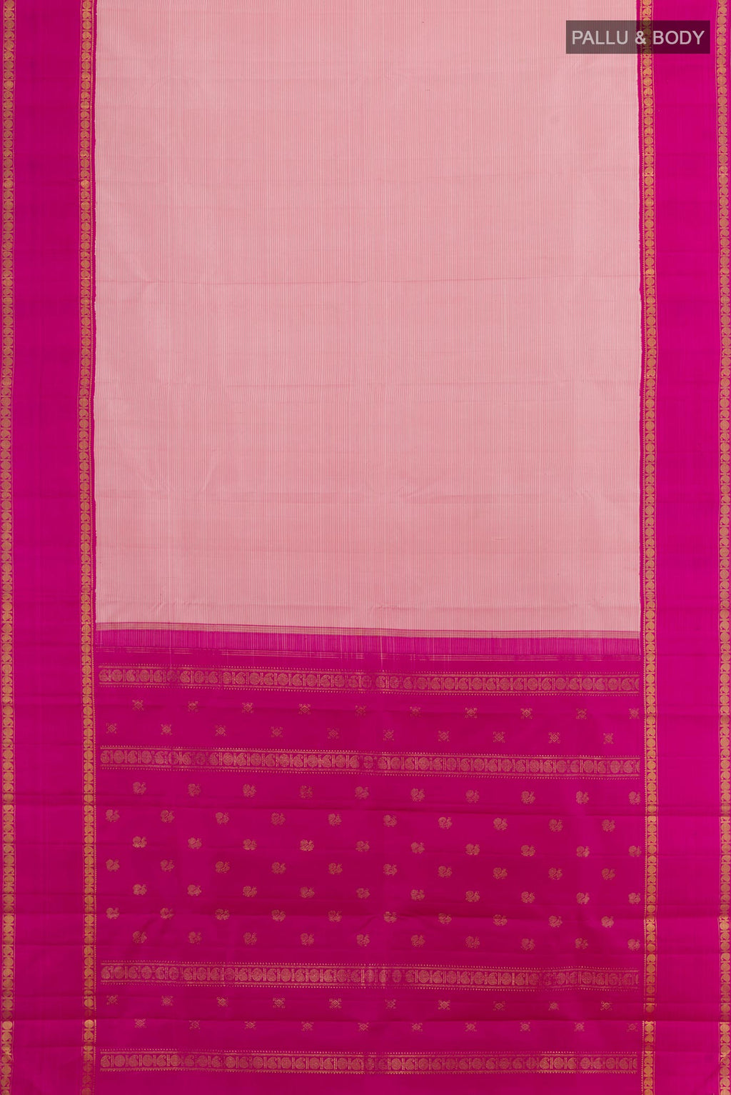 Flat view of Rose pink Kanchipuram Silk Saree with Stripes on the body and Zari Border. 