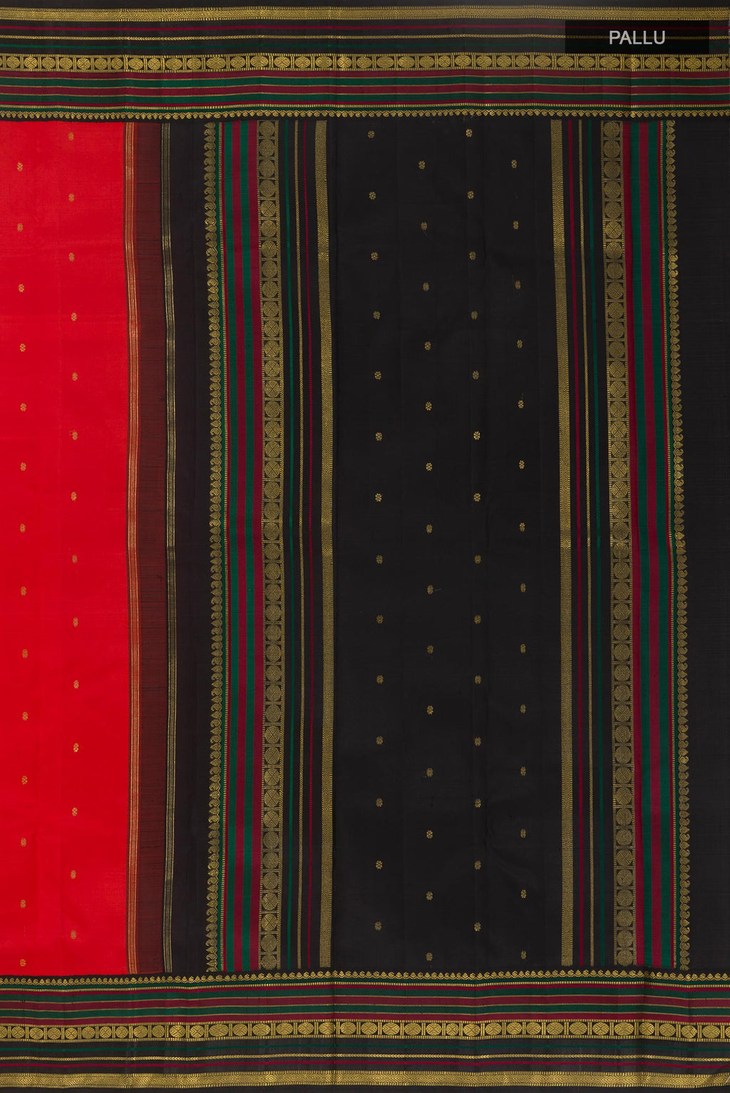 Close up image of the pallu of Red Kanchipuram Silk Saree with Zari Butta on the body and Zari Border. 