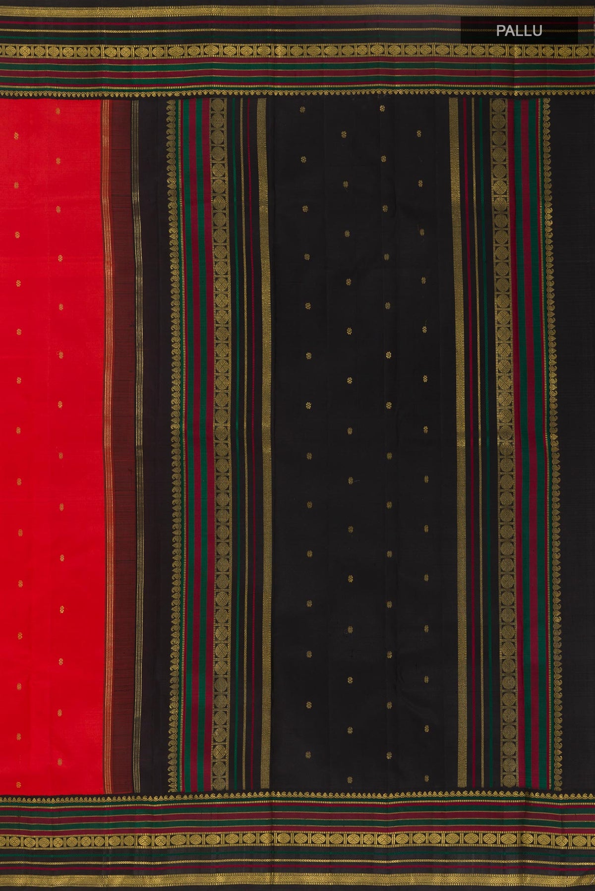 Close up image of the pallu of Red Kanchipuram Silk Saree with Zari Butta on the body and Zari Border. 