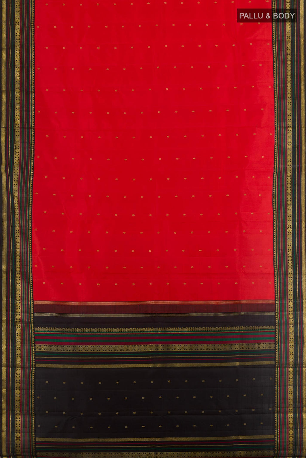 Flat view of Red Kanchipuram Silk Saree with Zari Butta on the body and Zari Border. 