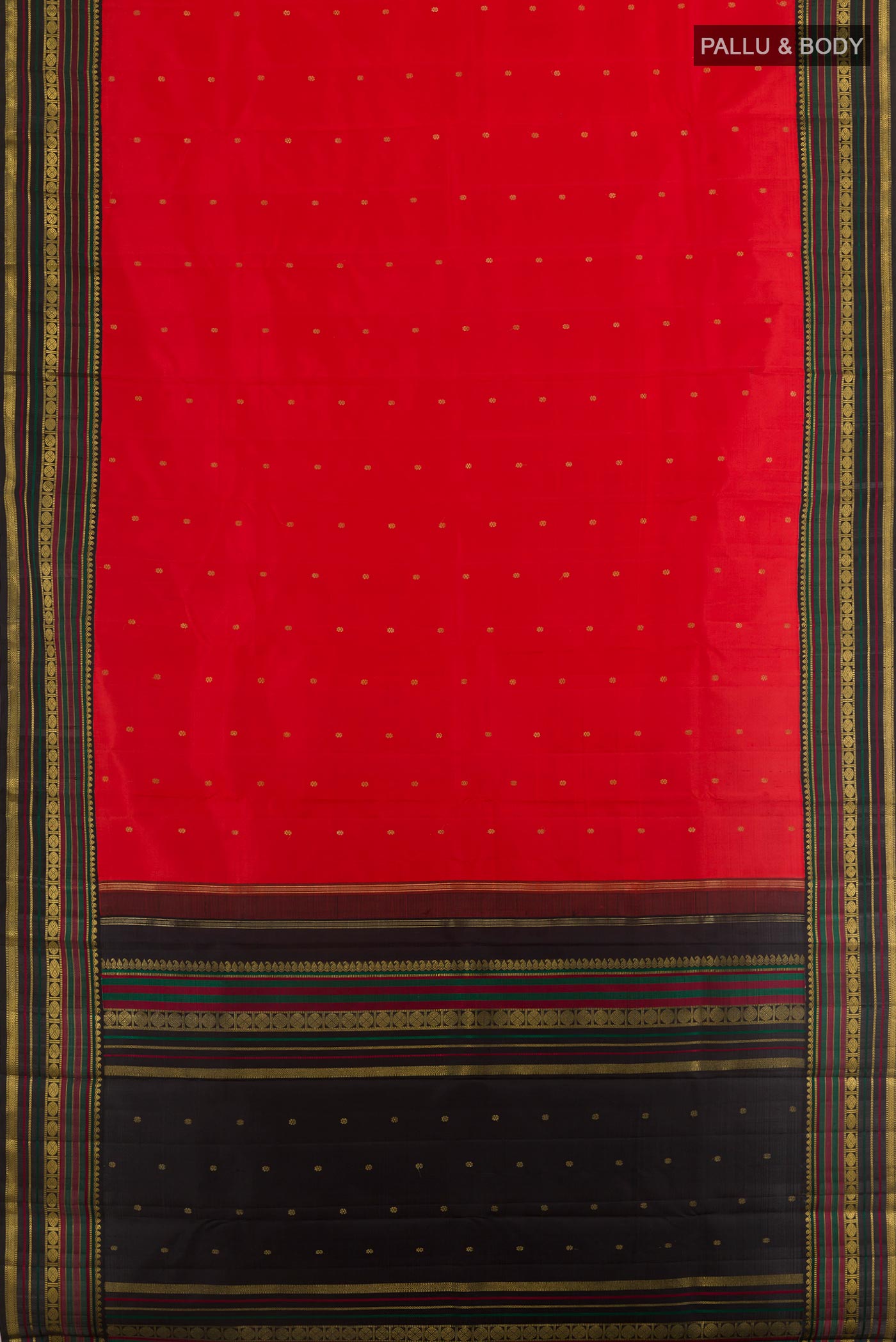 Flat view of Red Kanchipuram Silk Saree with Zari Butta on the body and Zari Border. 