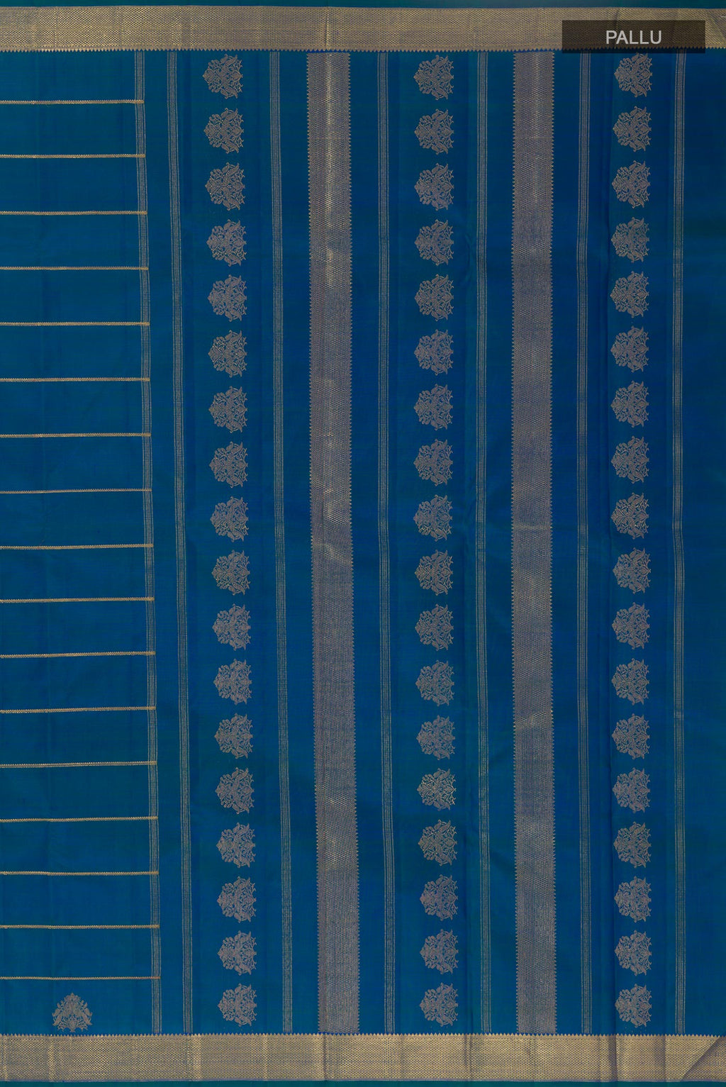 Close up image of the pallu of Peacock Blue Kanchipuram Silk Saree with Stripes on the body and Zari Border. 