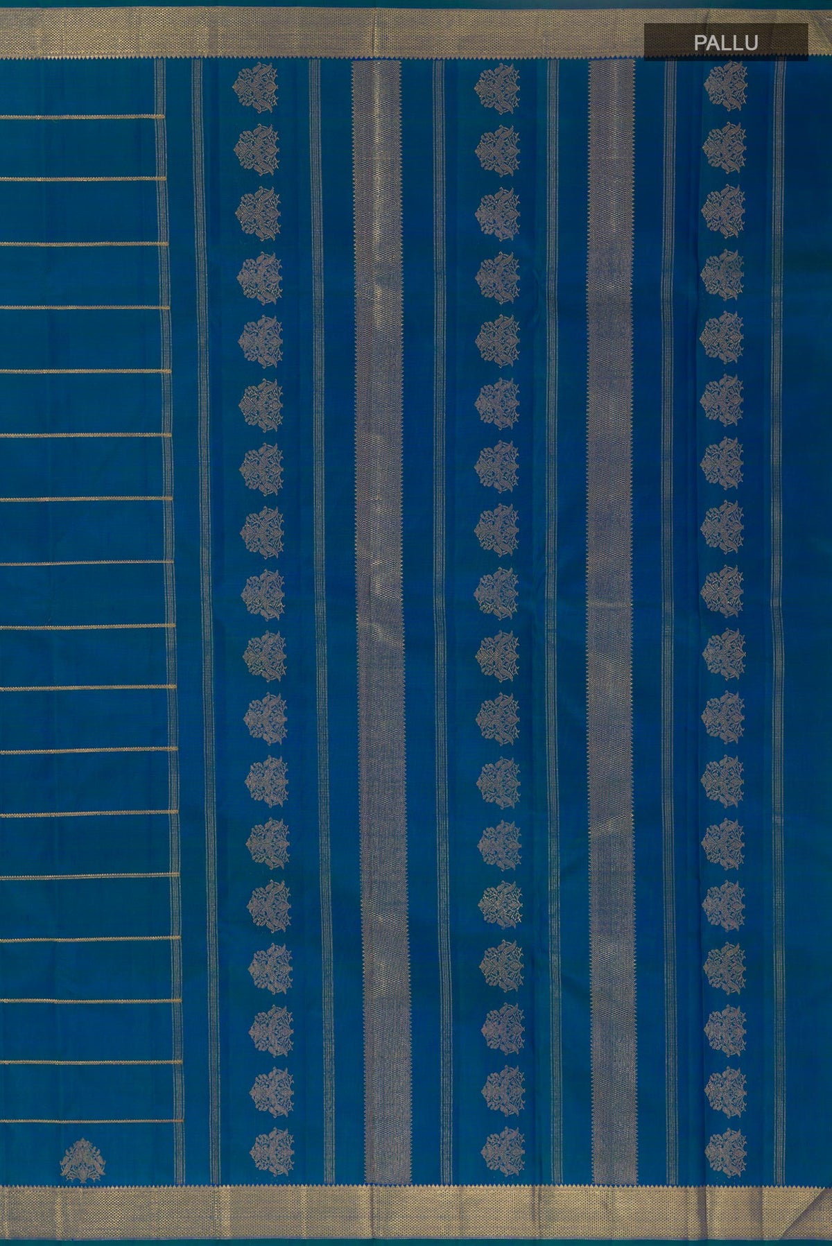 Close up image of the pallu of Peacock Blue Kanchipuram Silk Saree with Stripes on the body and Zari Border. 