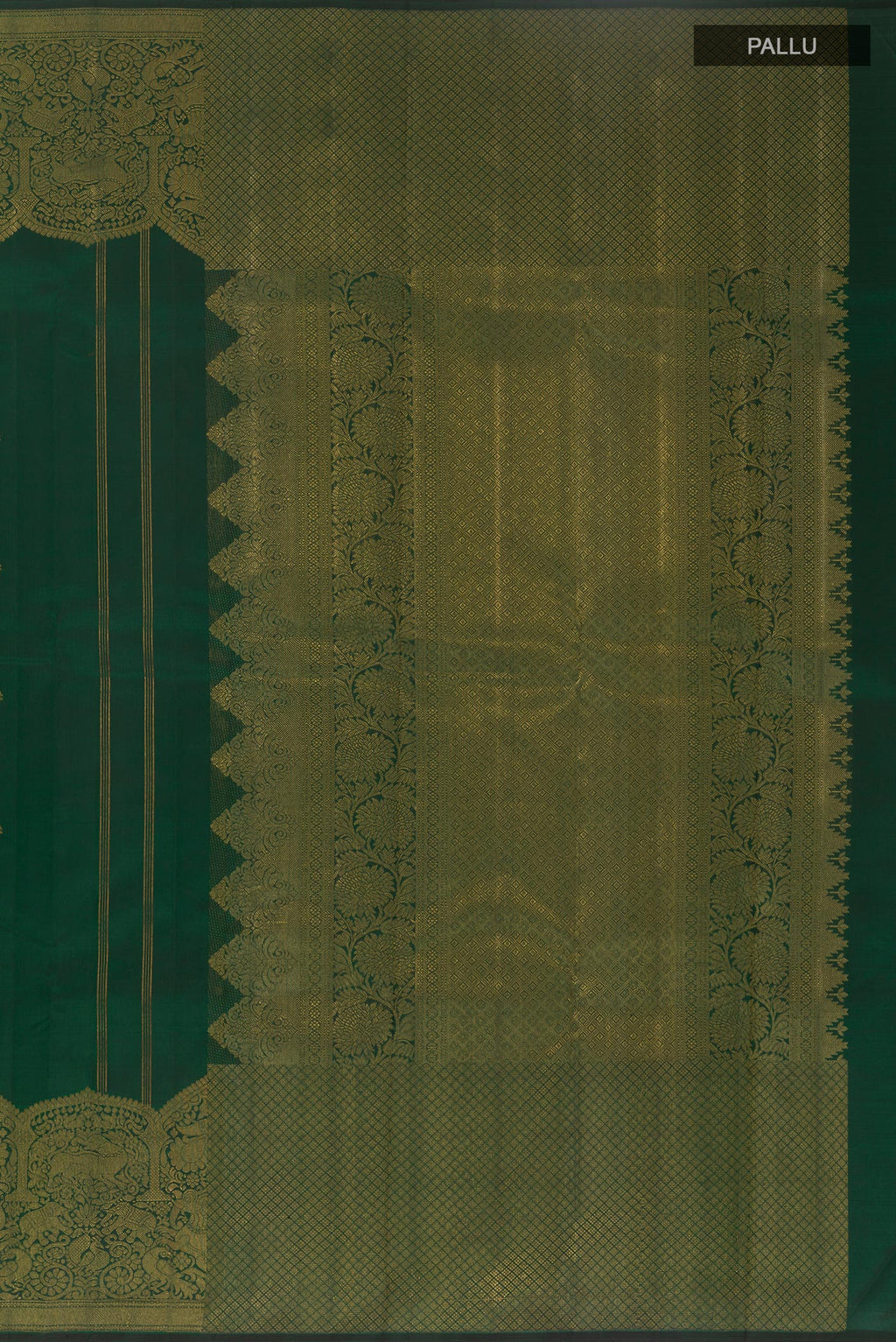 Close up image of the pallu of Bottle Green Kanchipuram Silk Saree with Zari Butta on the body and Fancy Border. 