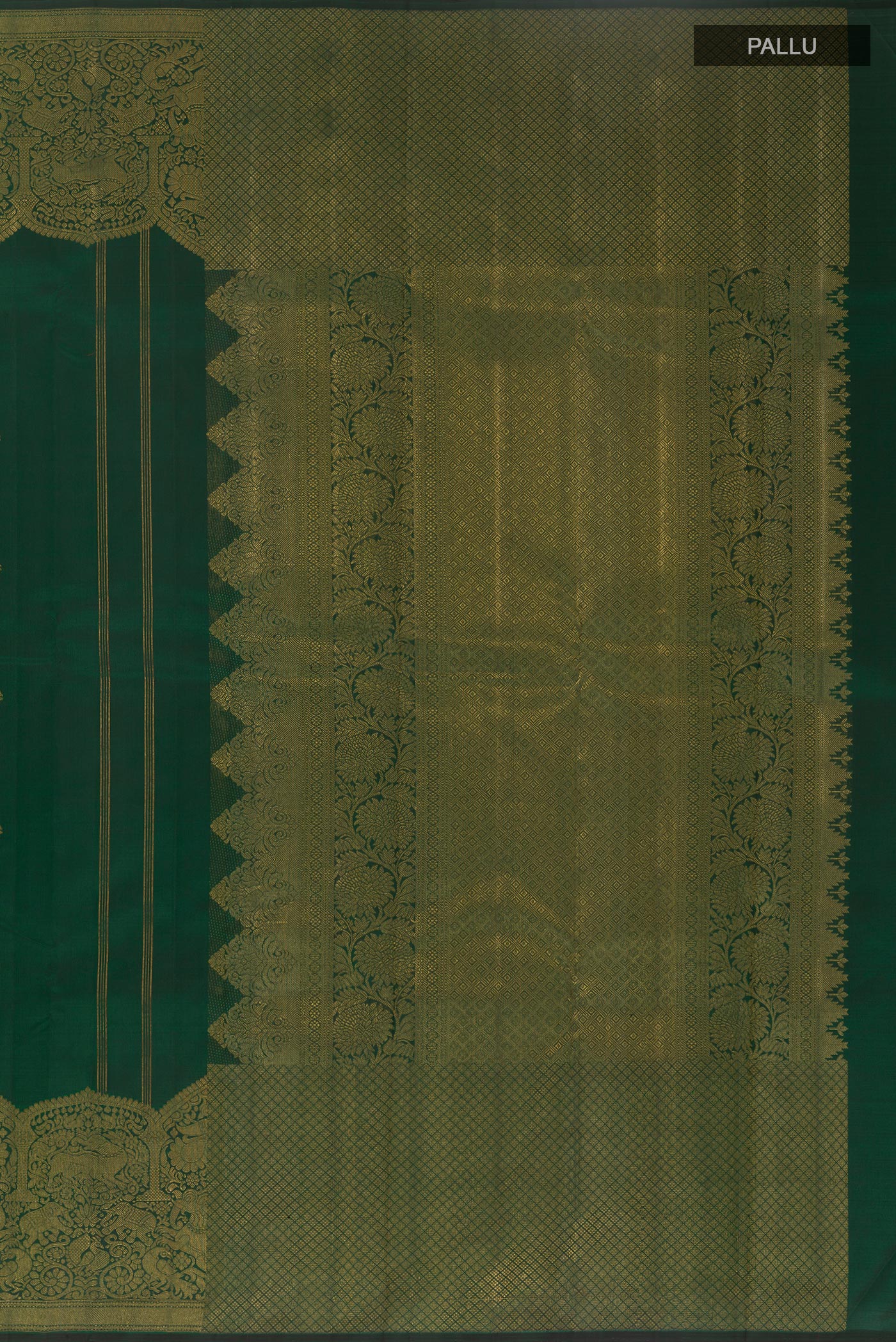 Close up image of the pallu of Bottle Green Kanchipuram Silk Saree with Zari Butta on the body and Fancy Border. 